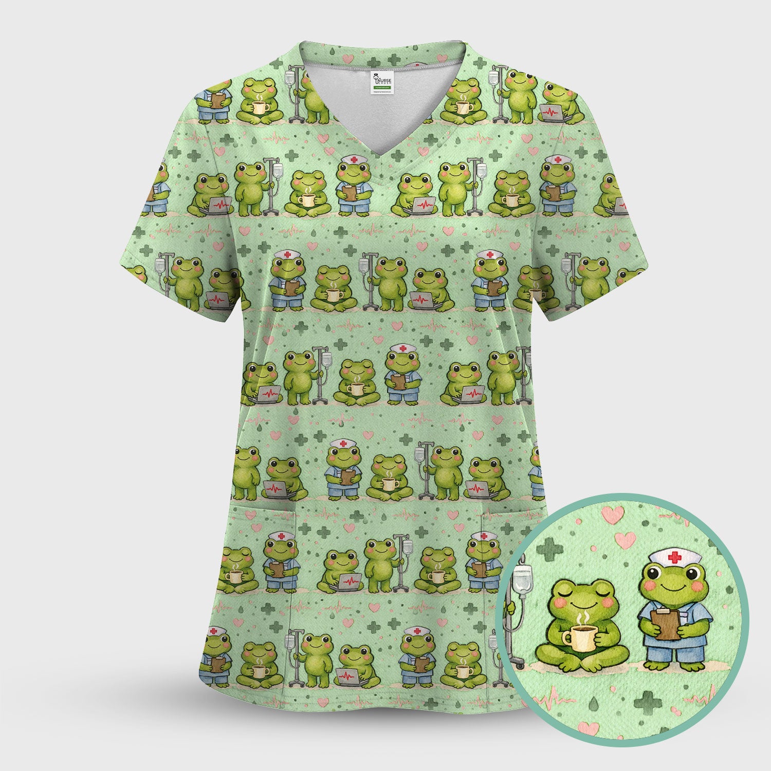 Adorable Frog Nurse Various Poses Print Scrub Top, Comfortable Scrubs for Nurses