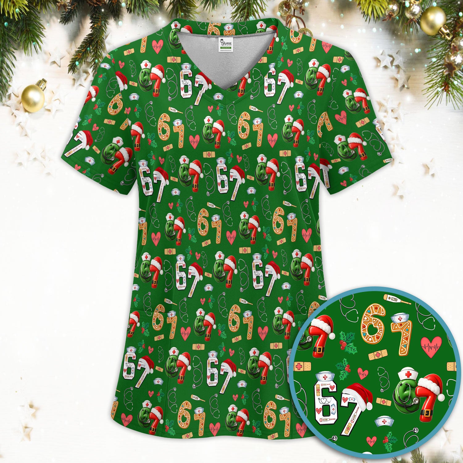 Christmas Nurse 67 Pattern Scrub Set, Cute Holiday Medical Uniform With Santa Hat, Uniform For Nursing