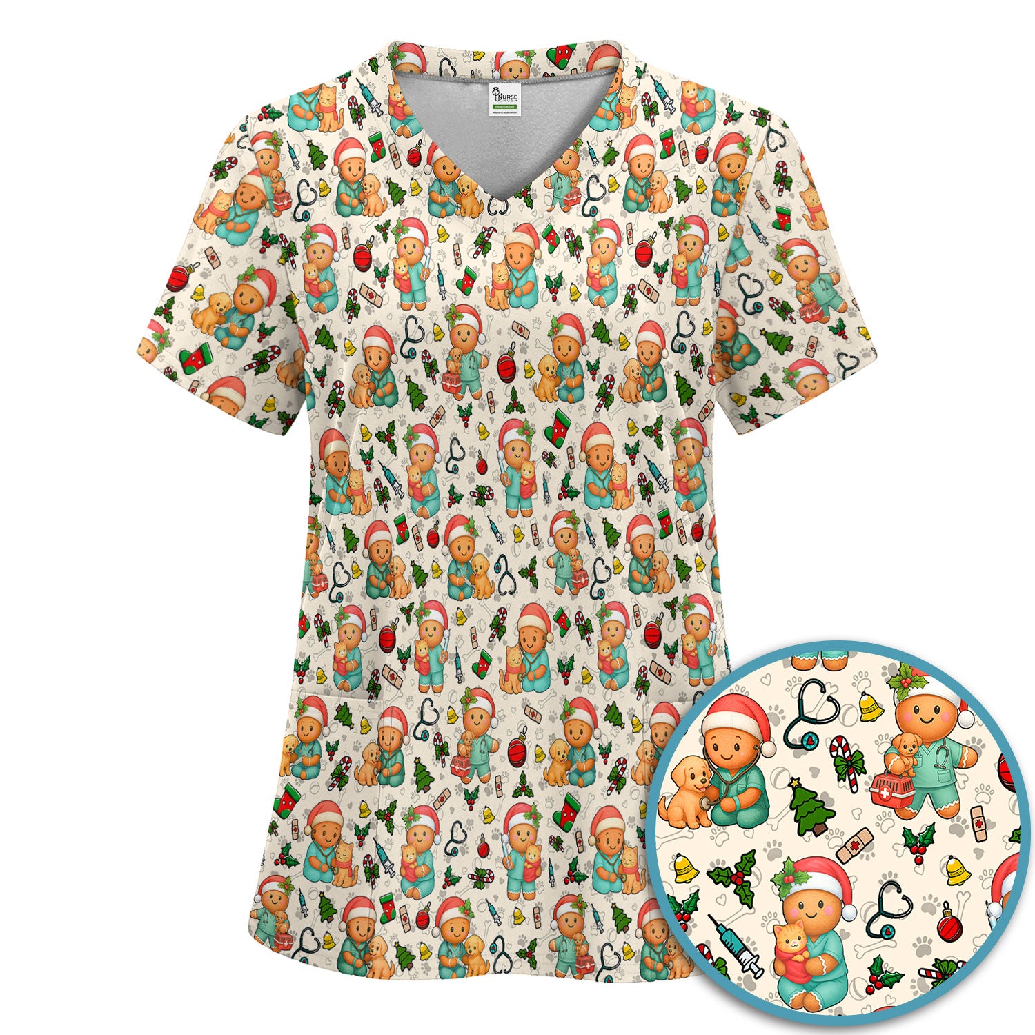 Cute Pharmacy Christmas Scrub Set – Funny Gingerbread Nurse Print Shirt – Festive Holiday Medical Uniform for Pharmacy Tech and Doctor