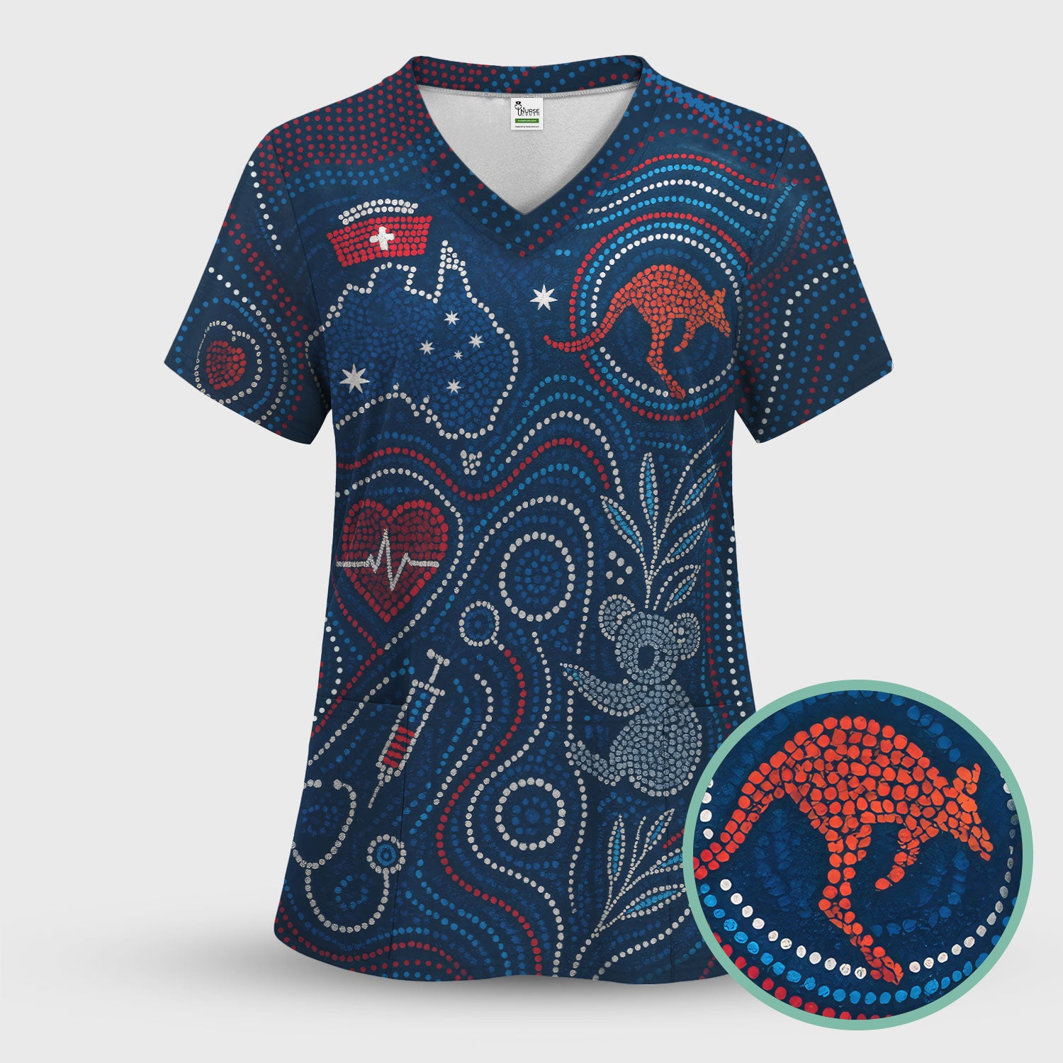 Aboriginal Dot Art Nurse Scrub Set, Australian Kangaroo With Koala Pattern Shirt,  Breathable Fabrics Nursing Uniform