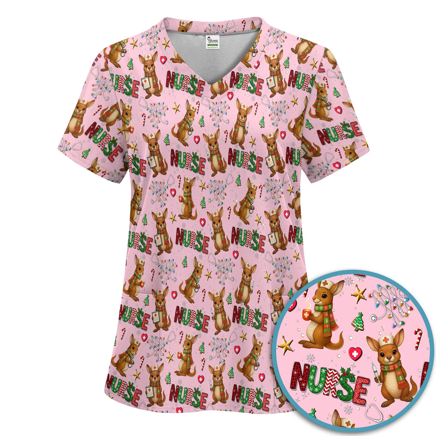 Aussie Kangaroo Christmas Scrub Set - Funny Holiday Nurse Shirt and Pants for Women - Cute Animal Medical Uniform