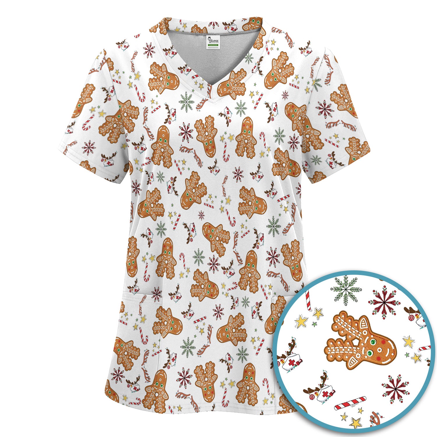 Gingerbread Cookies Reindeer Women's Scrub Sets - Comfortable Scrubs for Nurses - Funny Christmas Med Uniform