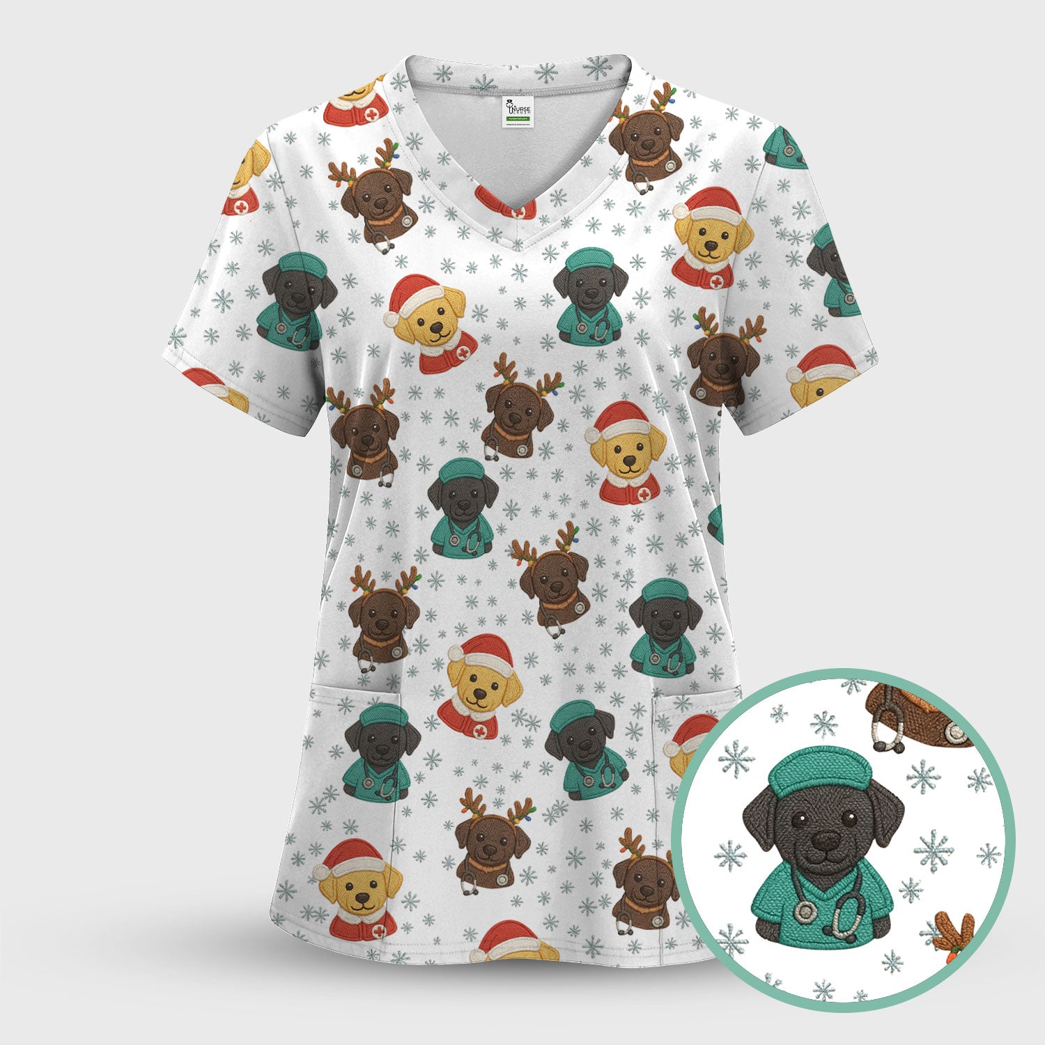 Christmas Dog Pattern Scrub Top, Cute Puppy Nurse Scrub Shirt, Holiday Nursing Uniform