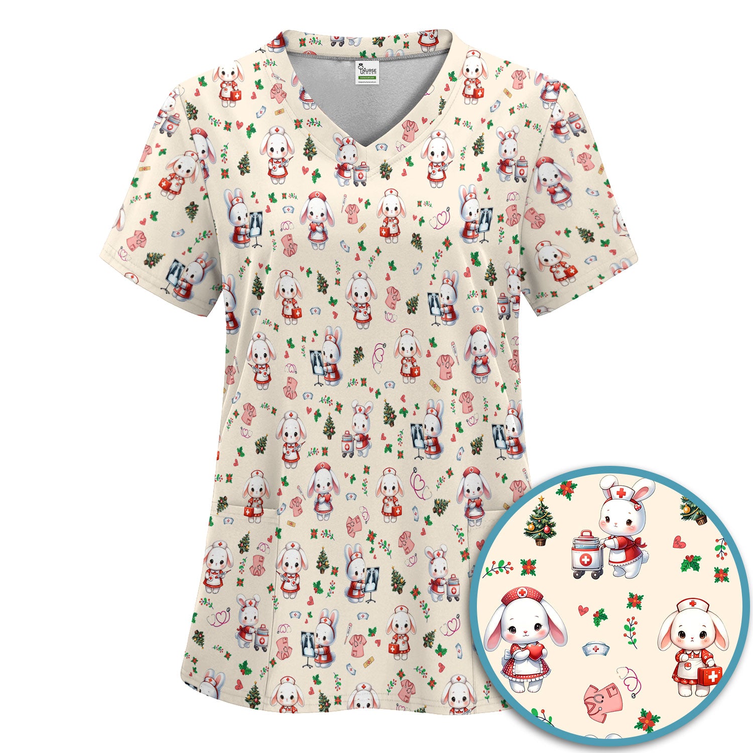 Cute Bunny Scrub Set for Nurse - Adorable Christmas Rabbit Pants and V Neck Top - Funny Holiday Medical Shirt Gift