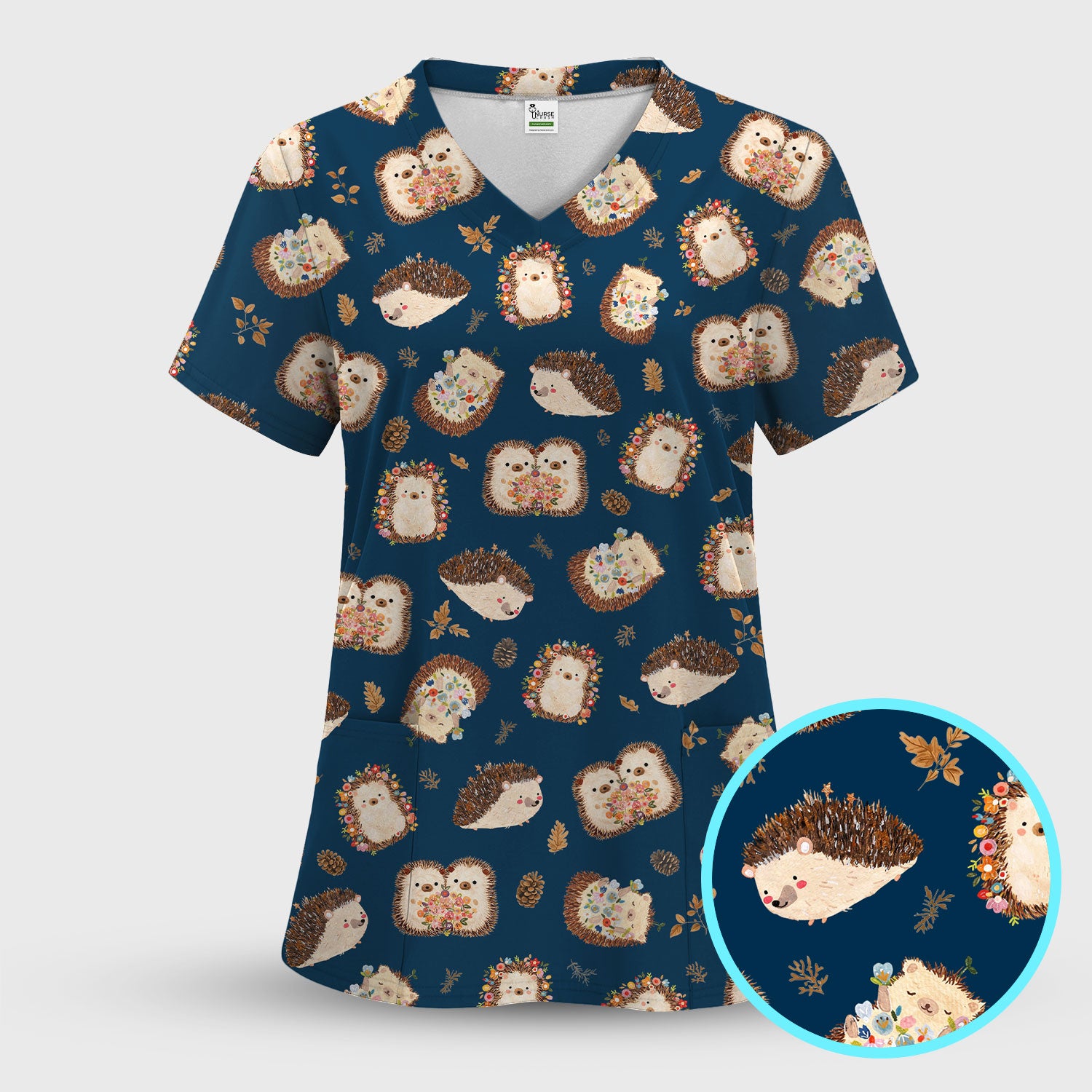 Cute Hedgehog Floral Scrub Set, Breathable Med Uniform