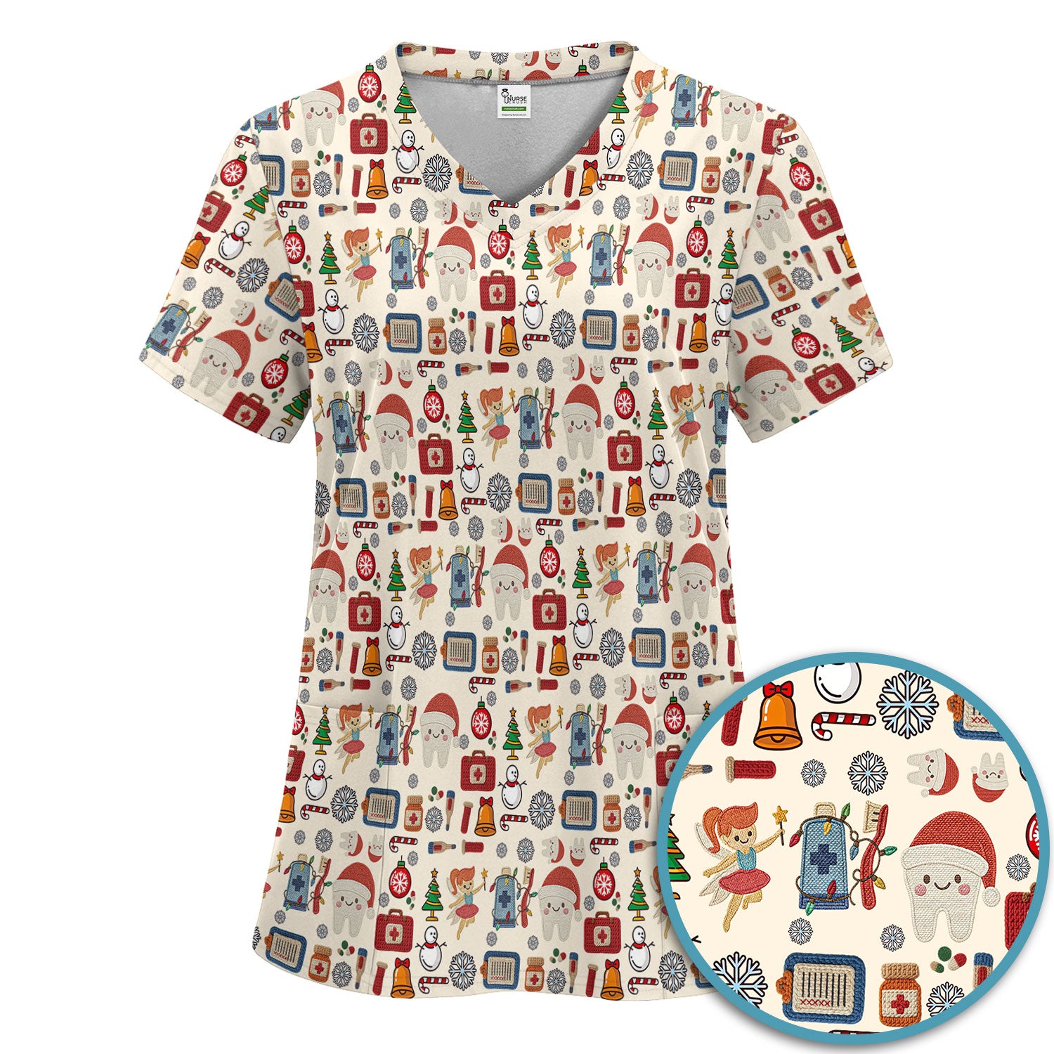 Christmas Dental Scrub Set - Cute Santa Tooth & Snowman Scrubs Pants and V Neck Top - Funny Holiday Gift for Dentists, Hygienists