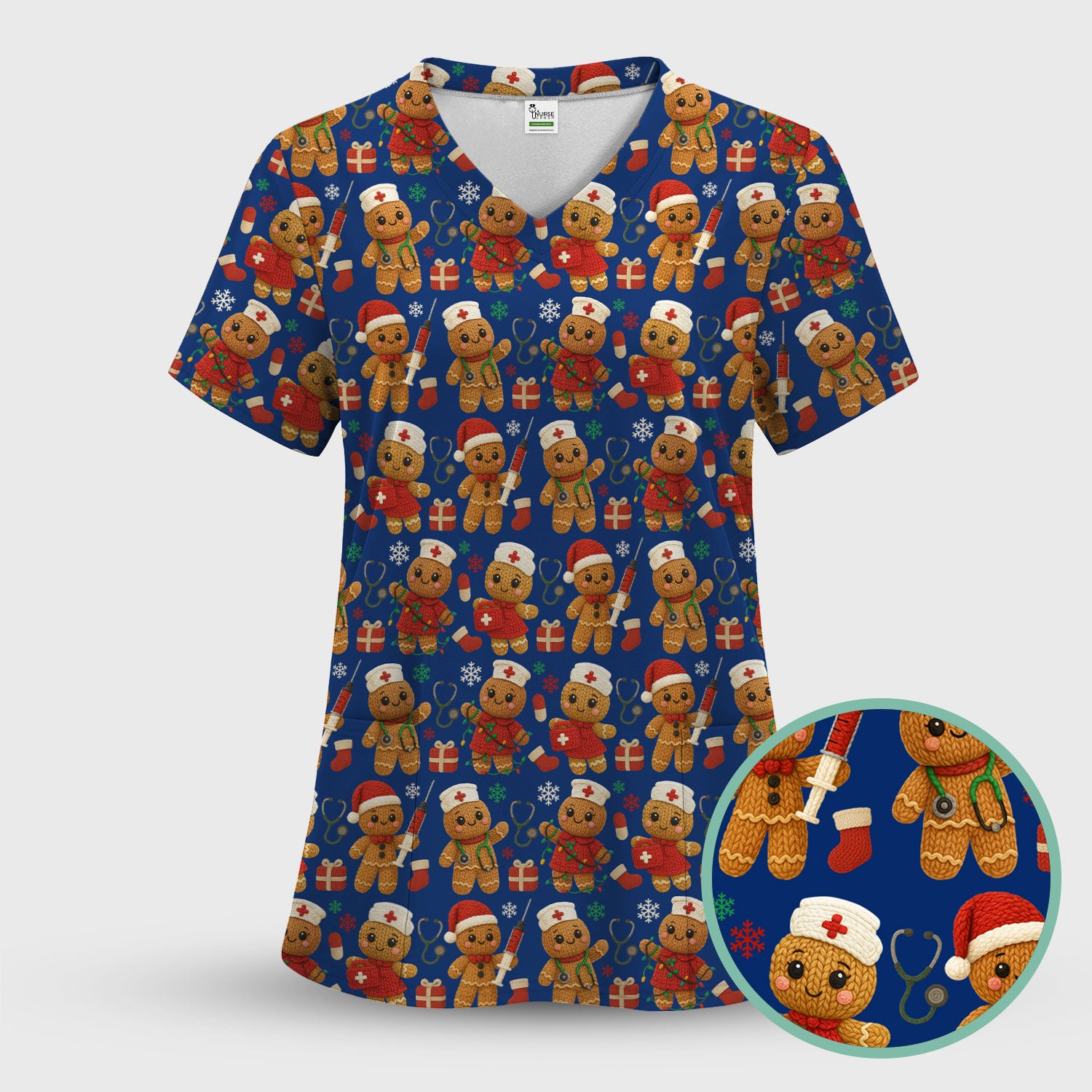 Christmas Scrub Tops for Women - Cute Gingerbread Nurse Pattern Medical Scrub Shirt - Festive Holiday Christmas Scrubs with Adorable Design
