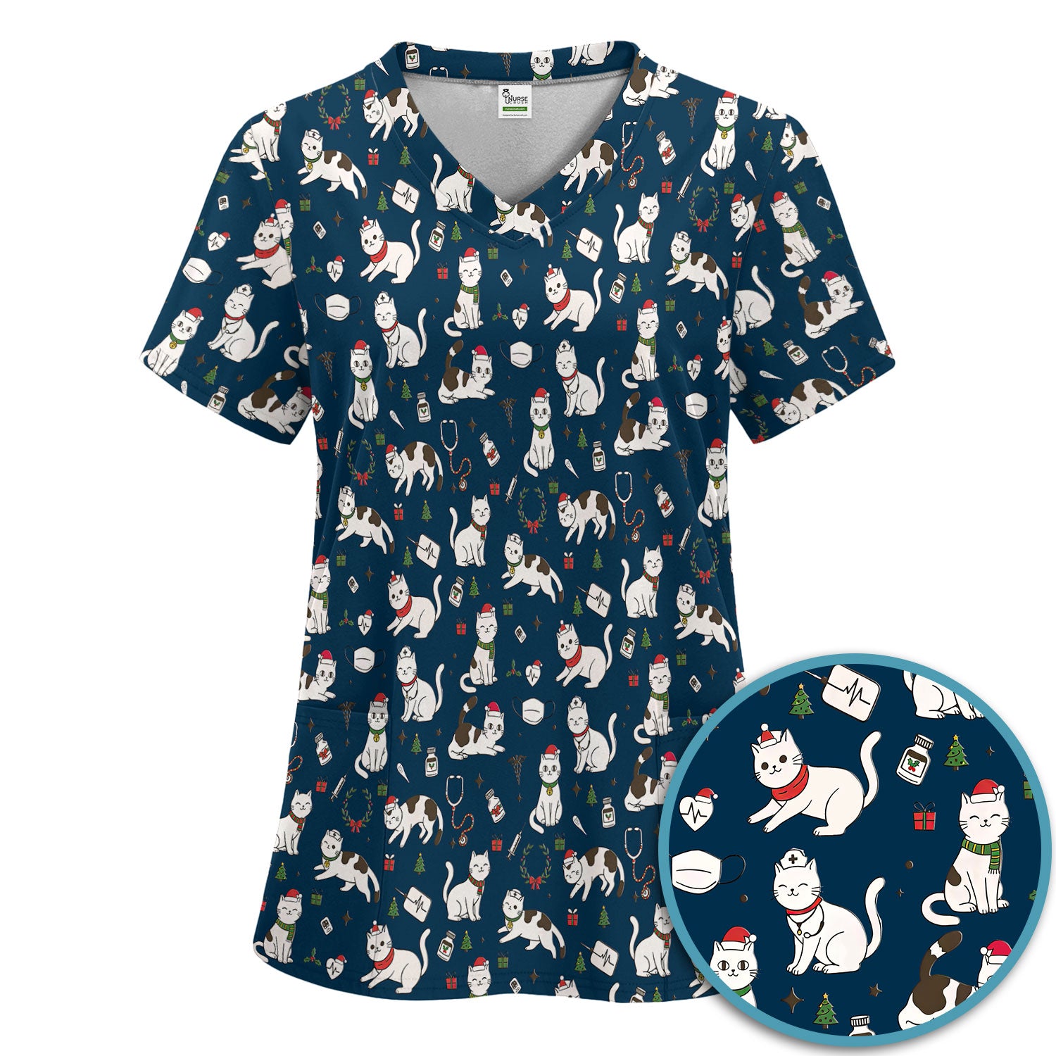 Christmas Cat Scrub Set – Festive Nurse & Holiday Kitty Pattern – Cute Medical Uniform for Nurses, Vets and Healthcare Workers