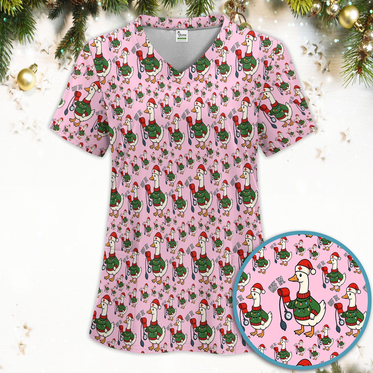 Nurse Christmas Duck Scrub Set, Cute Goose Pattern Scrub Uniform, RN LPN CNA Nursing Uniform