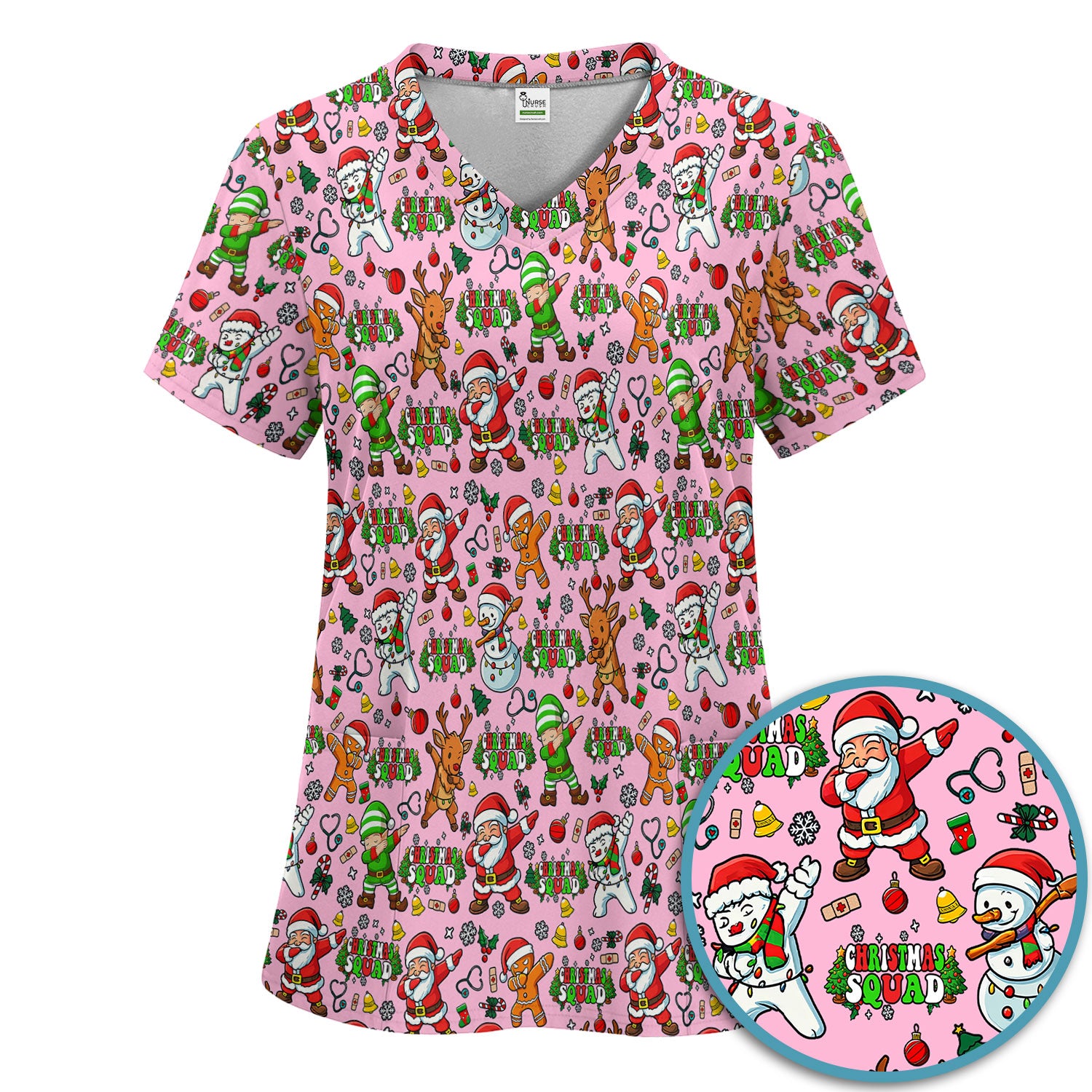 Christmas Squad Scrub Set - Dancing Santa, Reindeer & Elf Pants and V Neck Top - Funny Holiday Gift for Nurses, Doctors & Vet Techs