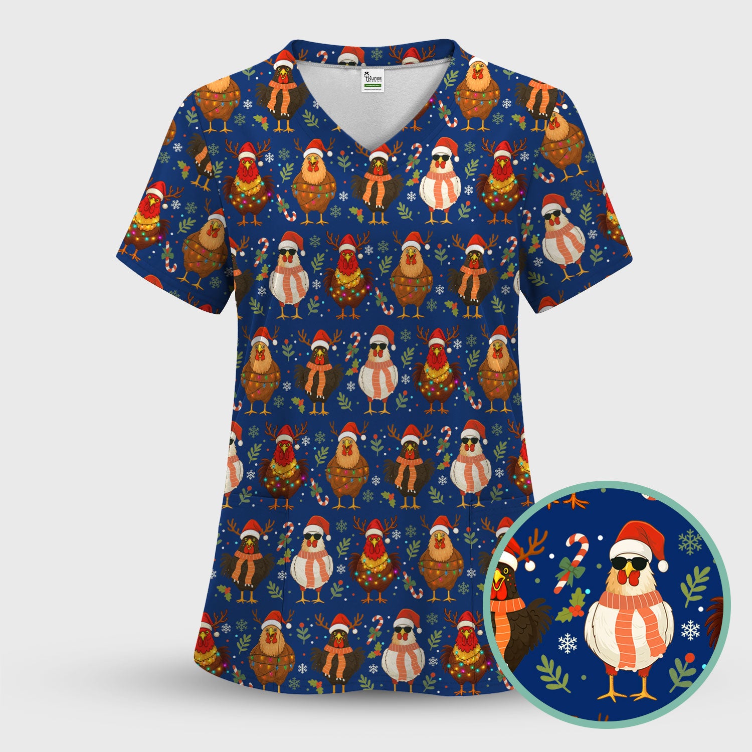 Chicken Scrubs Christmas Edition - Cute Funny Hen Pattern Medical Scrub Top for Women - Holiday Christmas Scrubs with Festive Print