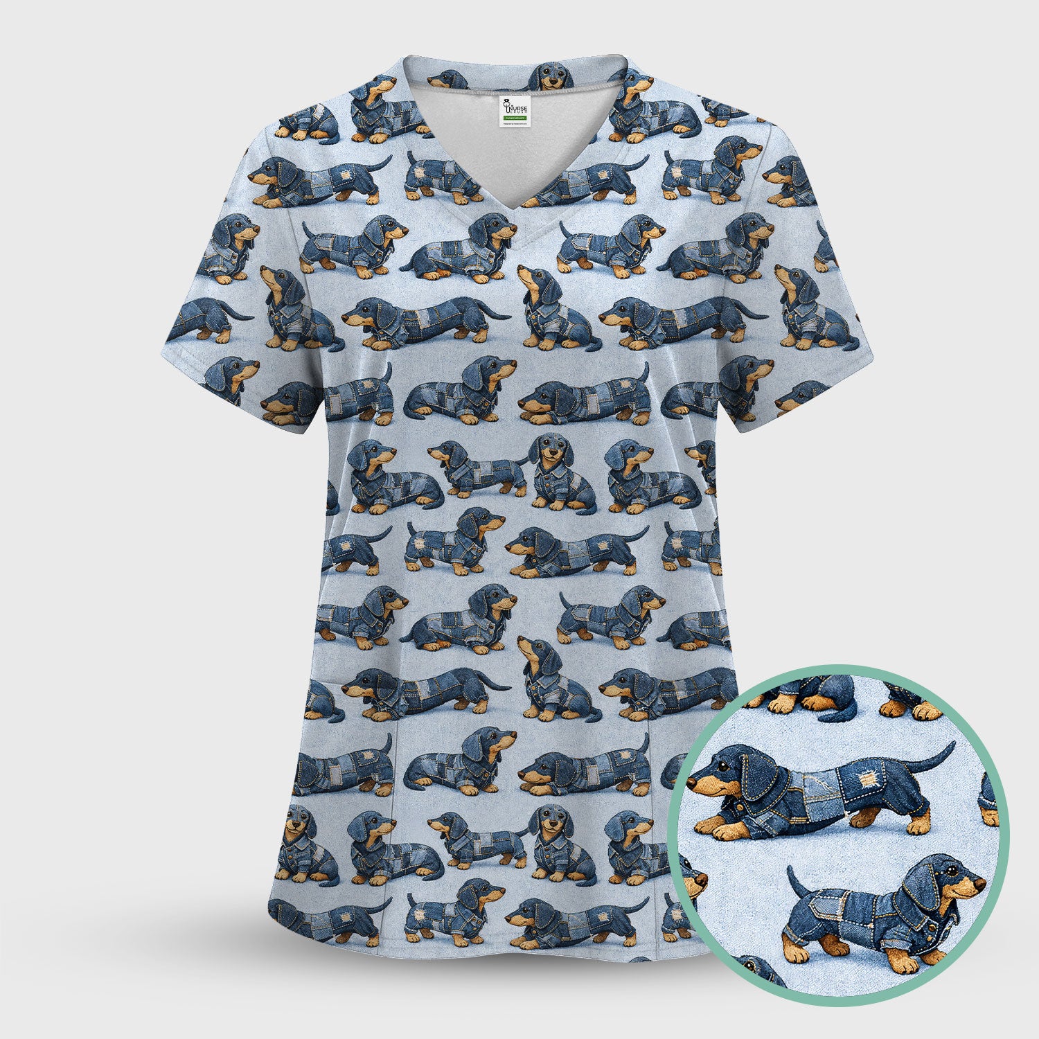 Denim Dachshund Dog Pattern Scrub Top, Breathable Fabrics Nursing Uniform
