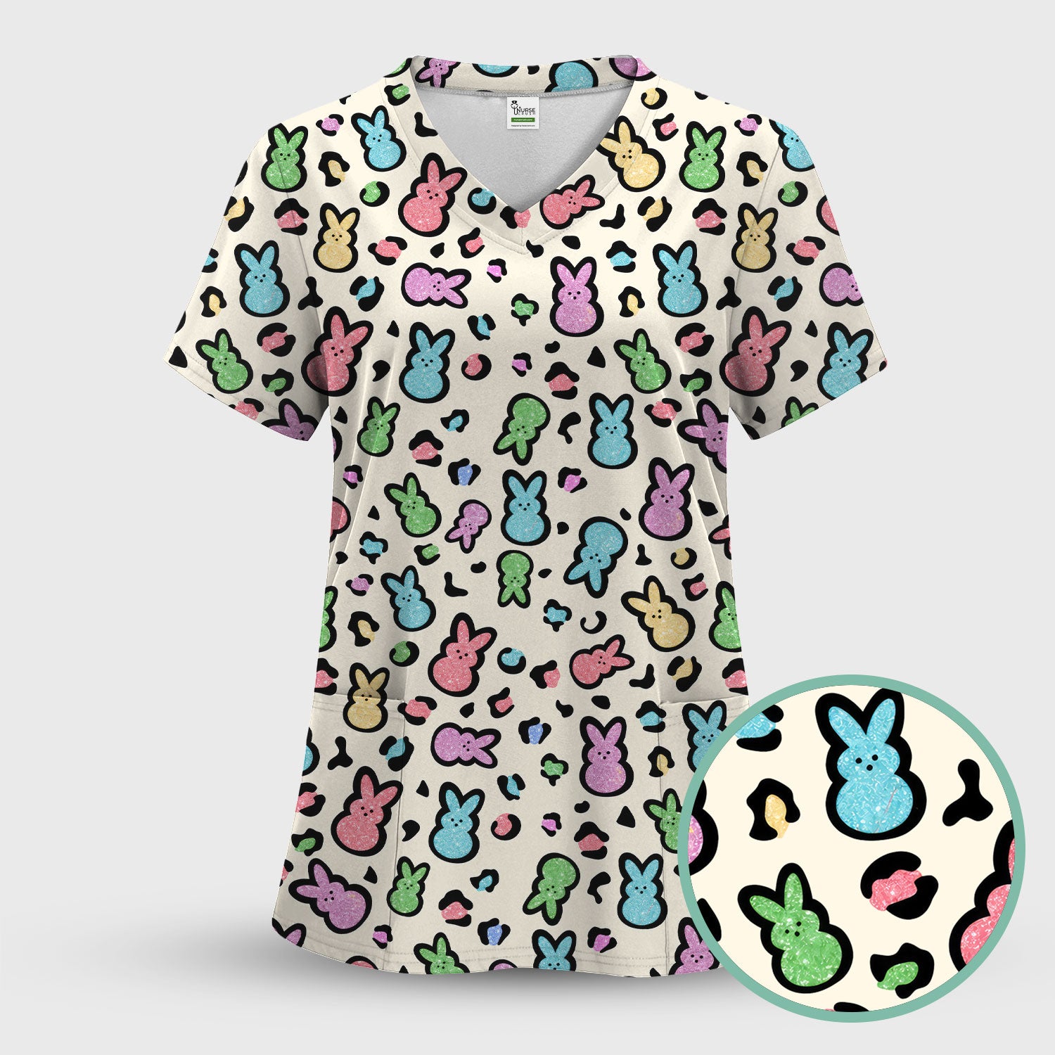 Cute Easter Bunny Pastel Pattern Scrub Set, Scrub Pants and V Neck Top