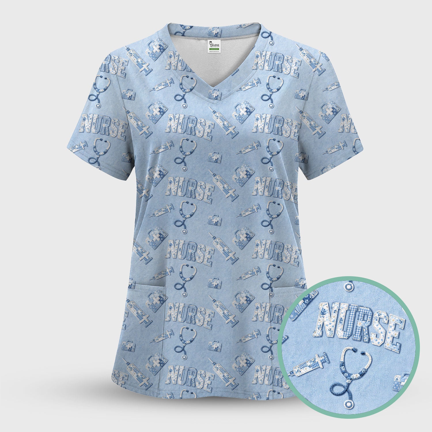 Blue Nurse Medical Pattern Scrub Set, Scrub Pants and V Neck Top