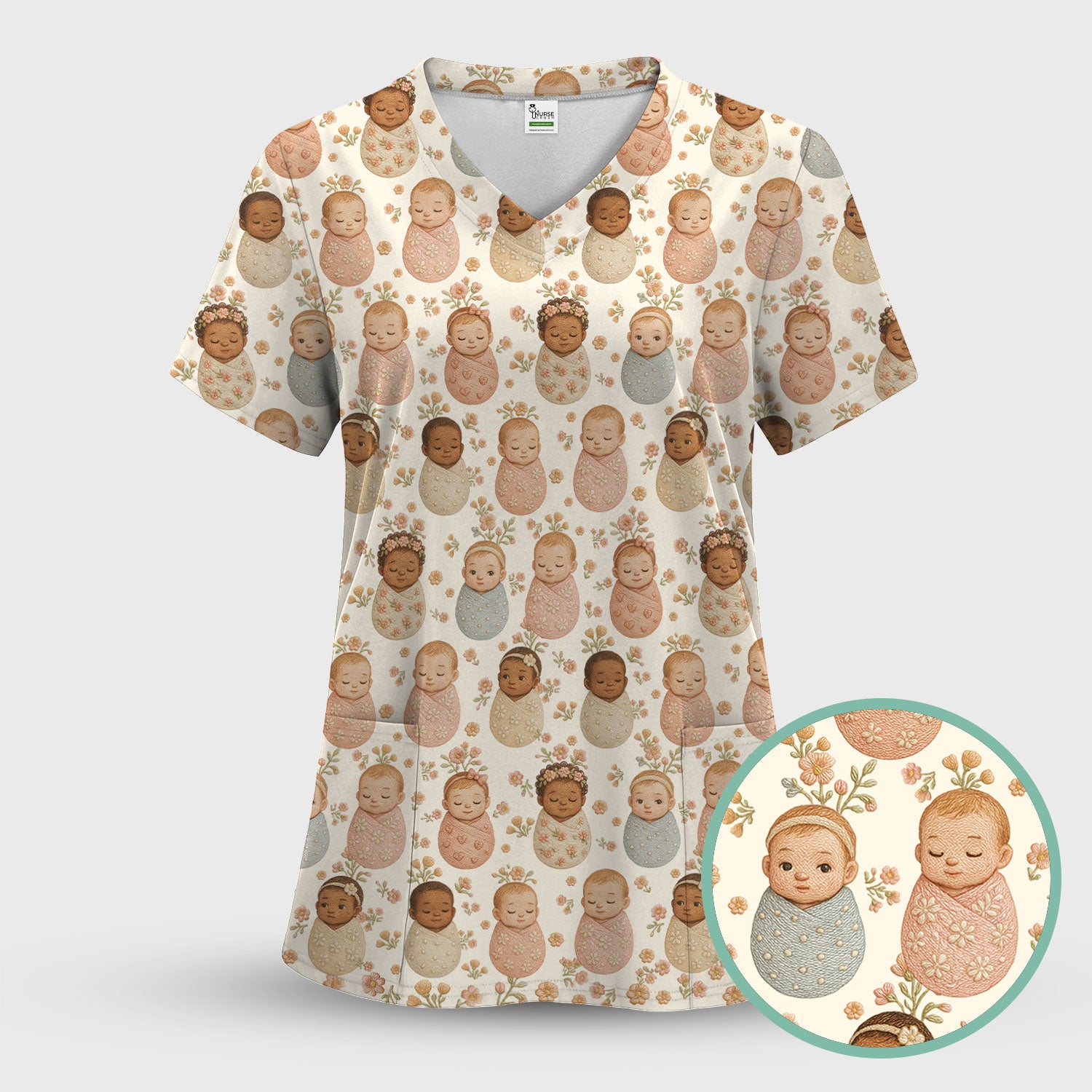 Sweet Newborn Baby Floral Print Nurse Scrub Top, Comfortable Scrubs for Nurses