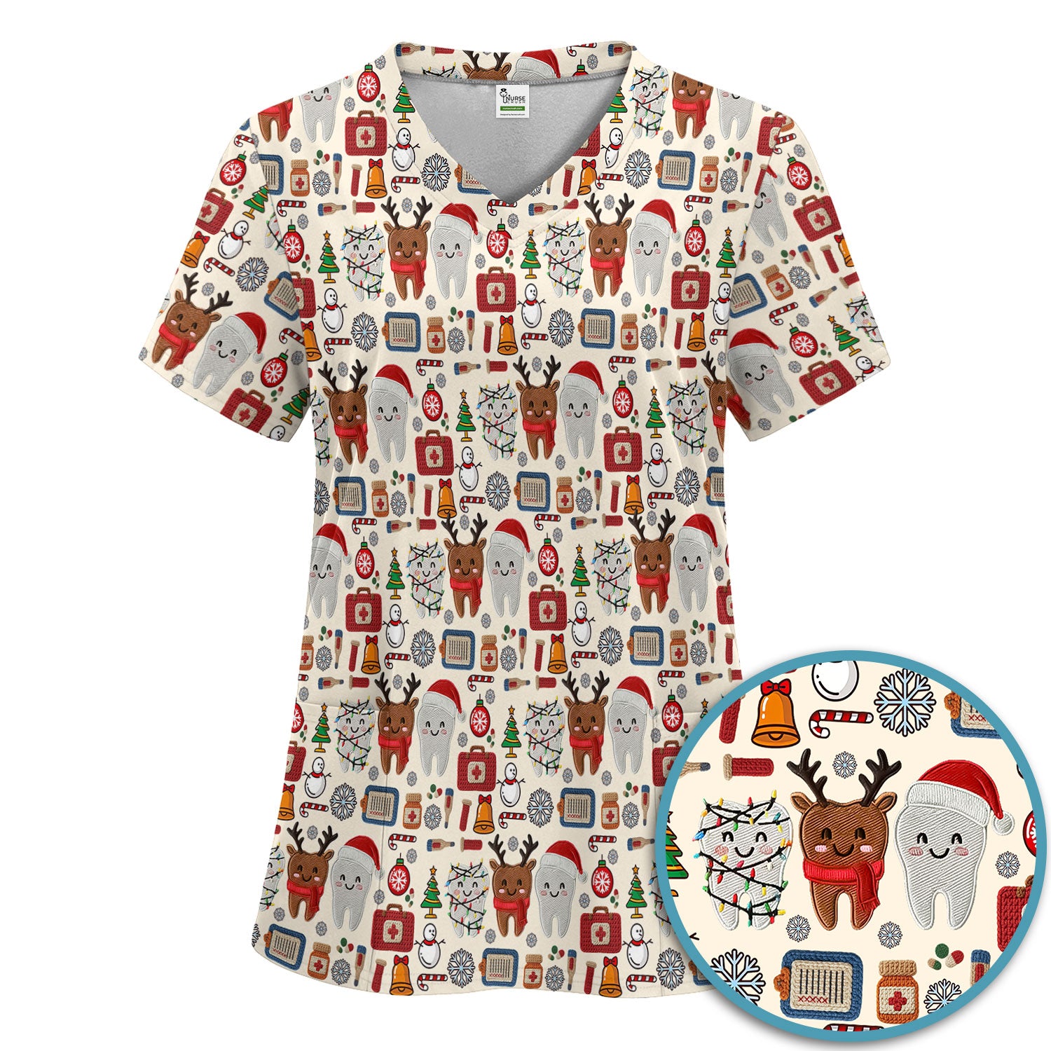 Christmas Dental Scrub Set - Cute Santa & Reindeer Tooth Pants and V Neck Top - Funny Gift for Dentists, Hygienists, Nurses