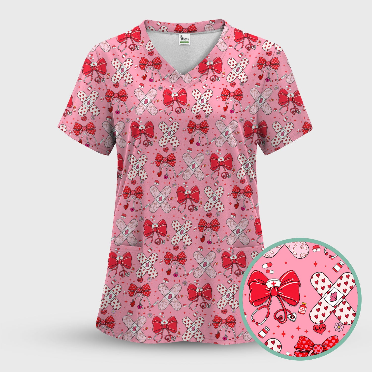 Valentine Nurse Scrub Top, Red Bow And Heart Bandage Pattern Medical Shirt, Breathable Fabrics Nursing Uniform