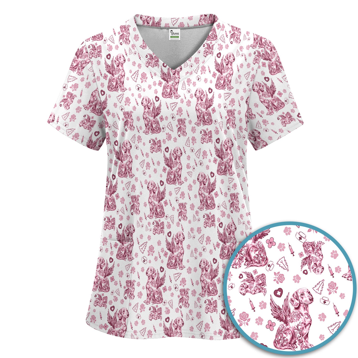 Toile de Jouy Dachshund Angel Scrub Set - Blue Vintage Wiener Dog Scrubs Pants and V Neck Top - Memorial Puppy Gift