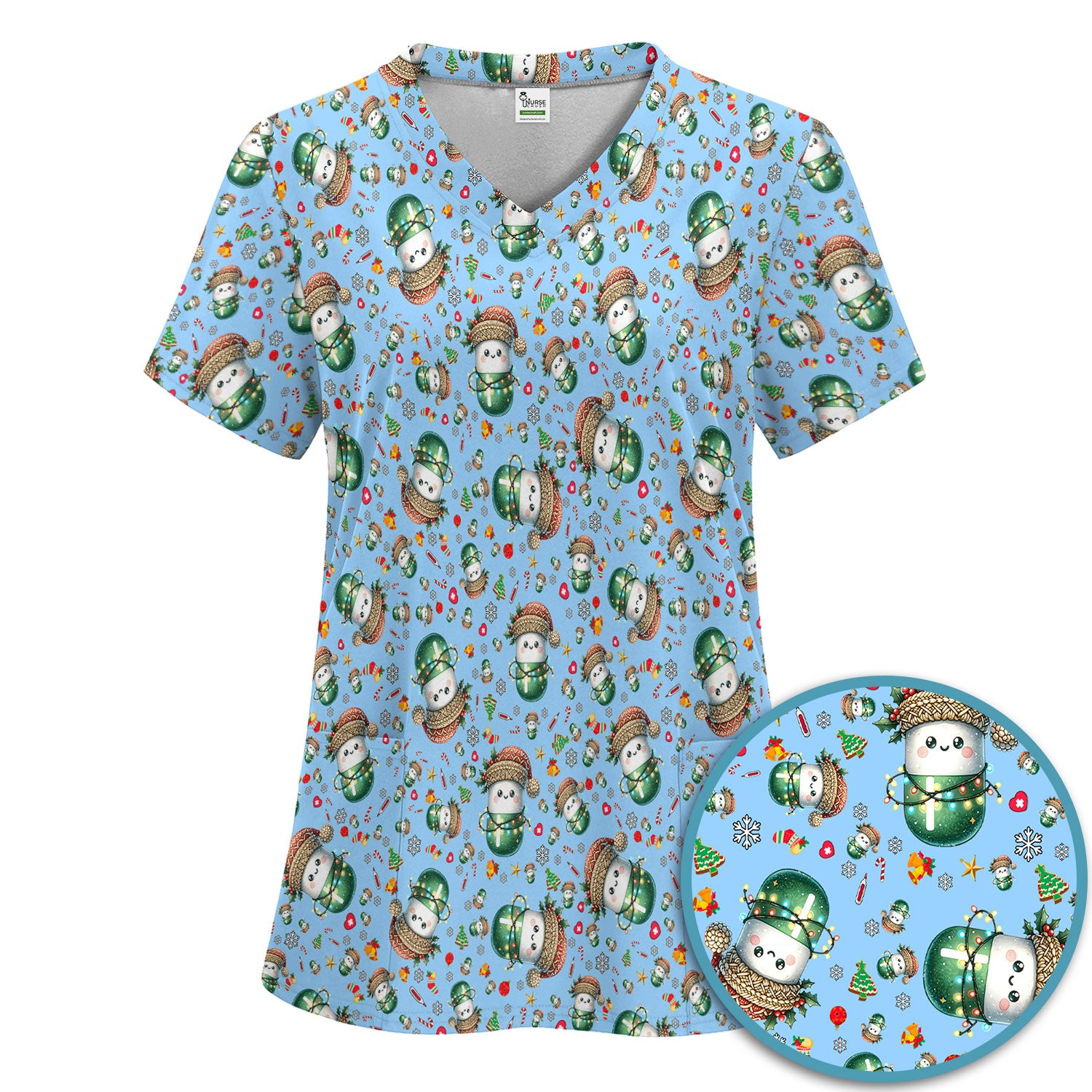 Pharmacy Tech Christmas Scrub Set – Cute Green Snowman Print Nurse Outfit – Funny Holiday Medical Uniform for Pharmacists