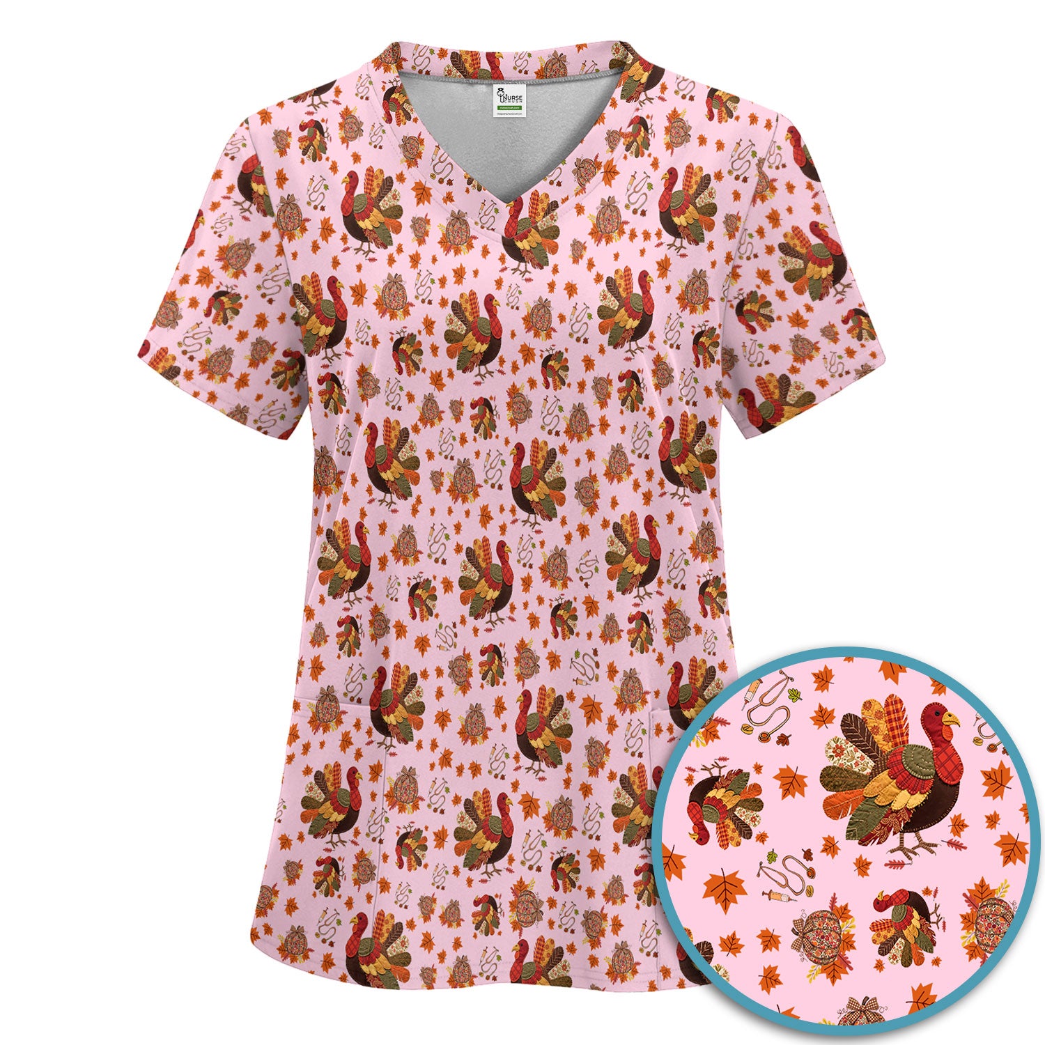 Fall Leaves Thanksgiving Women's Scrub Set - Comfortable Scrub Pants and V Neck Top - Funny Turkey Nursing Uniform