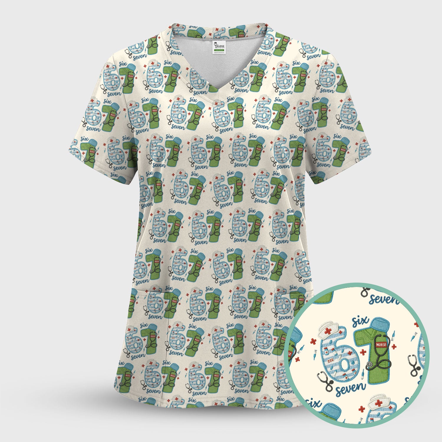 Nurse Six Seven Pattern Scrub Top, Cute Medical Number Print Shirt for Nursing Professionals