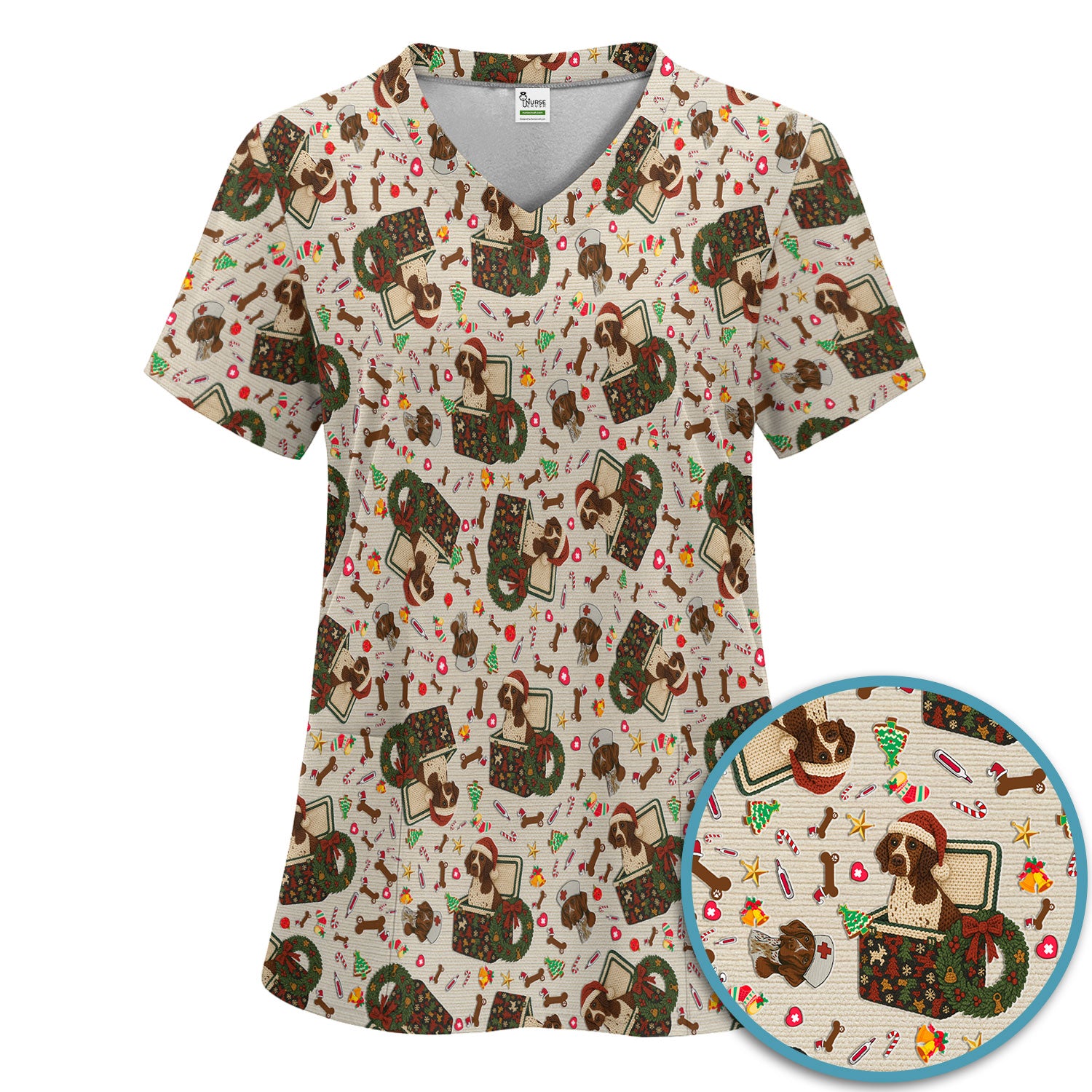 Funny Christmas Dog Scrub Set – Cute Pet Lover Holiday Pattern – Festive Medical Uniform for Nurses and Animal Care Workers
