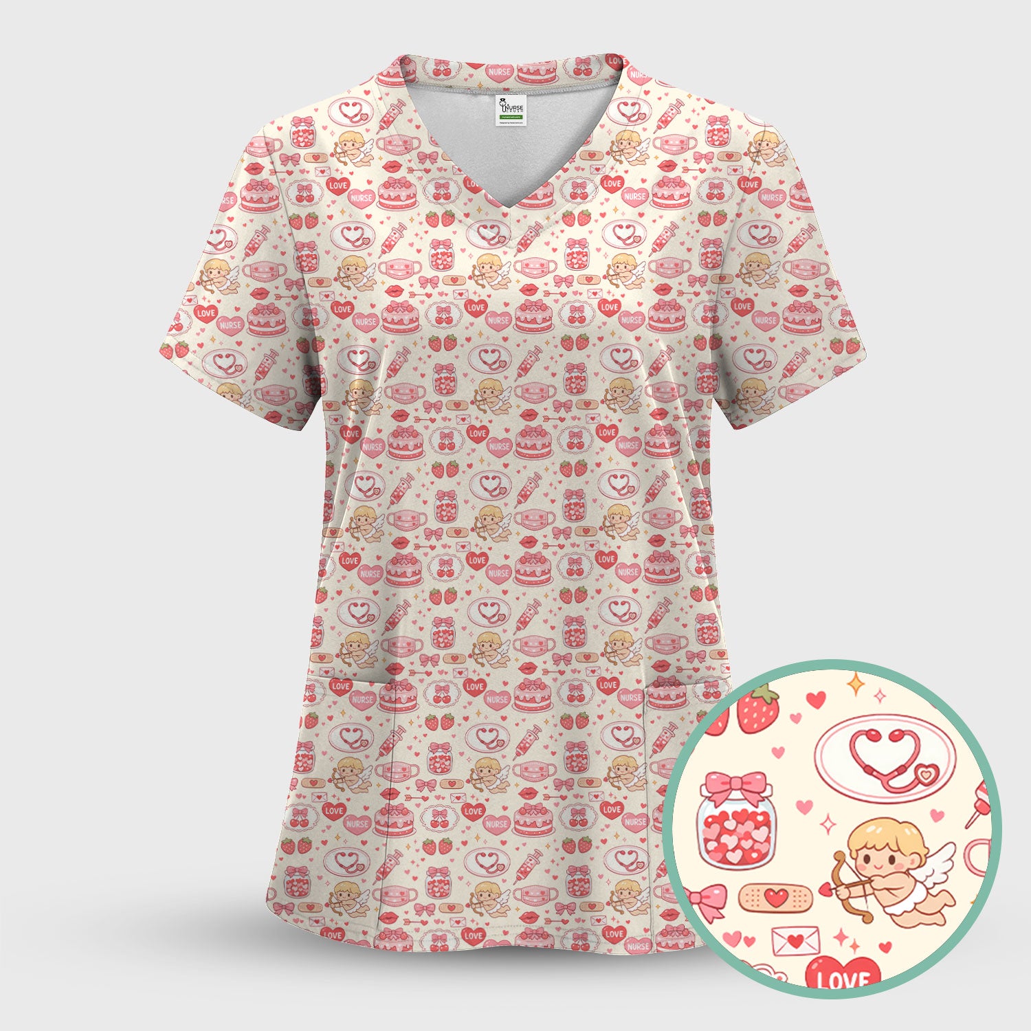 Cupid Nurse Scrub Top, Cute Love Medical Pattern Shirt For Valentine, Breathable Fabrics Nursing Uniform