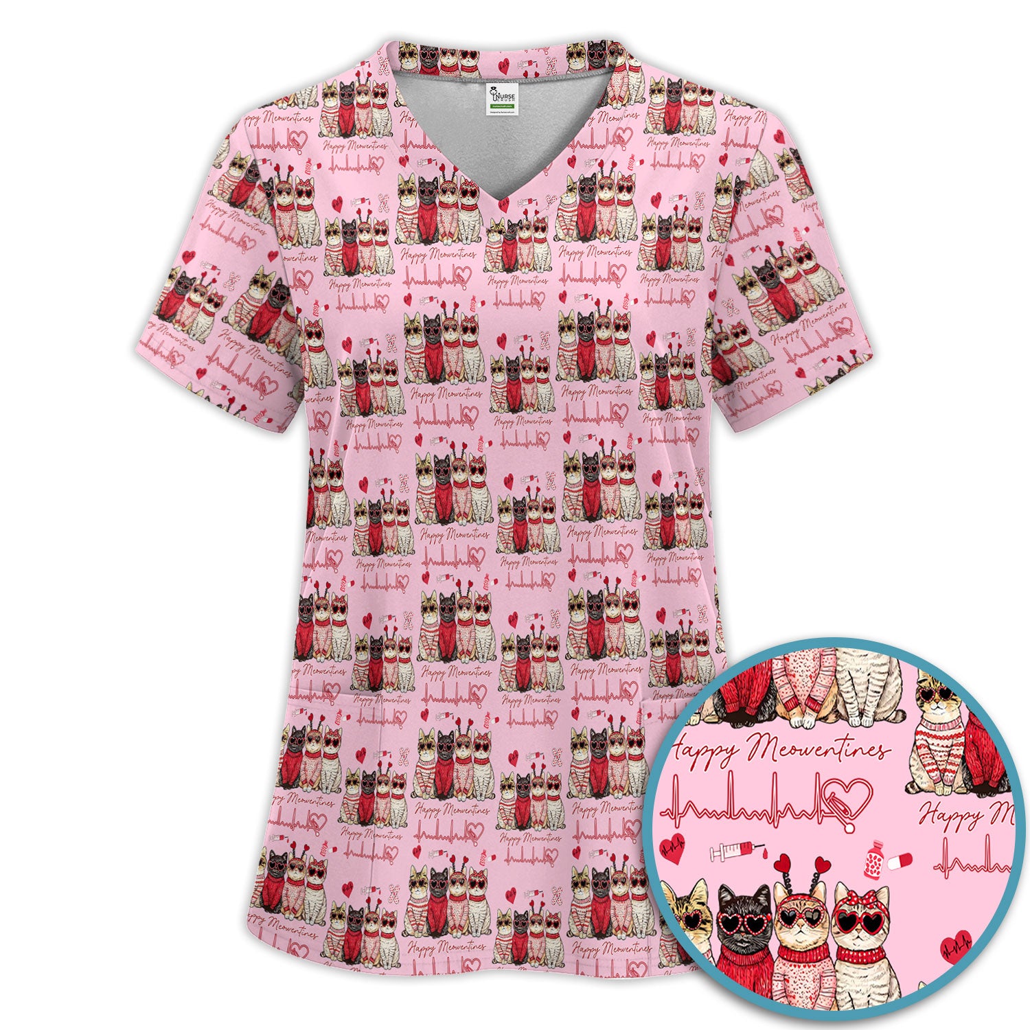 Happy Meowtines Cat Pattern Scrub Set, Valentine Cat Lover Nurse Scrub Shirt, Heartbeat Medical Pattern Nursing Uniform