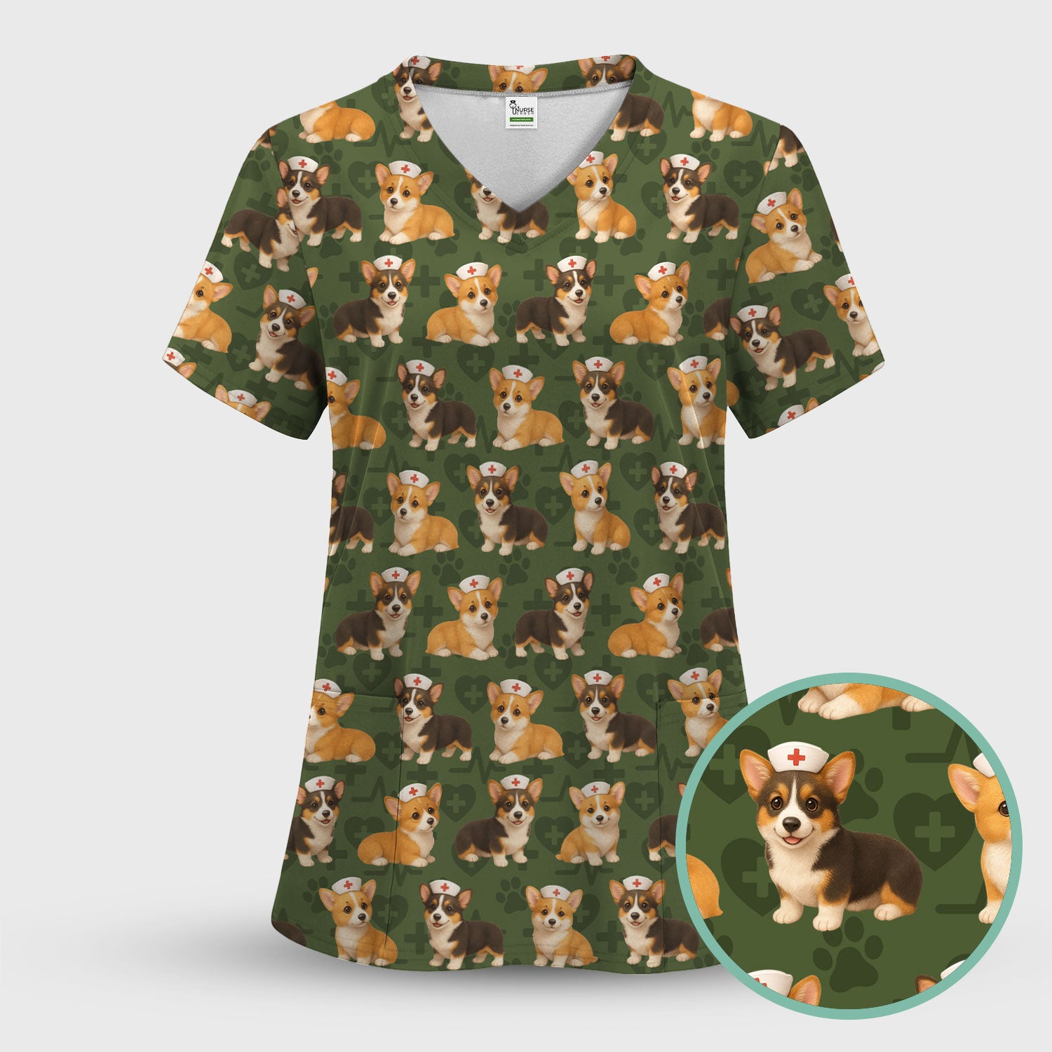 Christmas Corgi Scrubs for Women - Cute Dog Pattern Medical Scrub Top - Festive Holiday Christmas Scrubs with Adorable Corgi Design