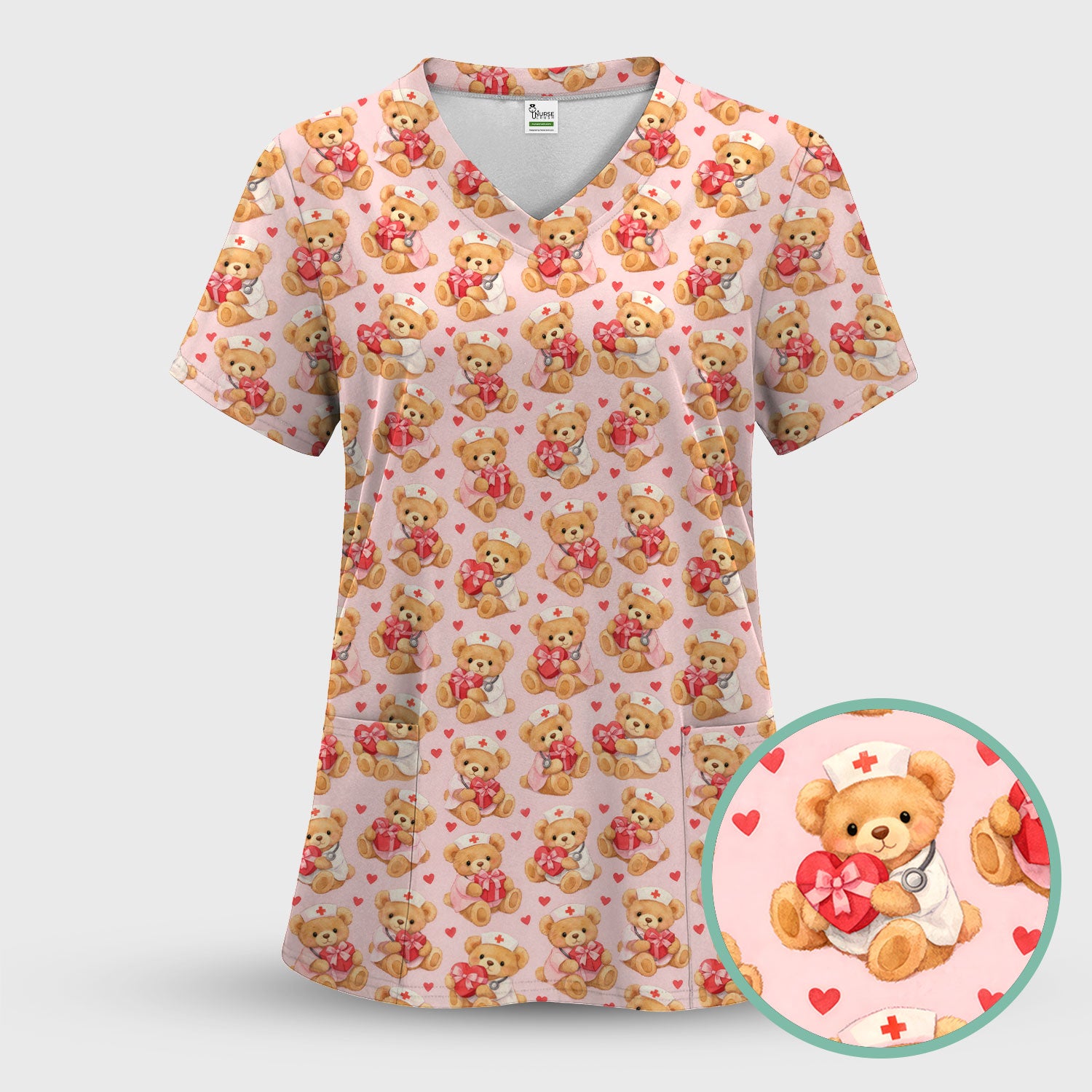 Valentine Teddy Pattern Scrub Top, Bear And Heart Medical Nurse Scrub Shirt, Breathable Fabrics Nursing Uniform