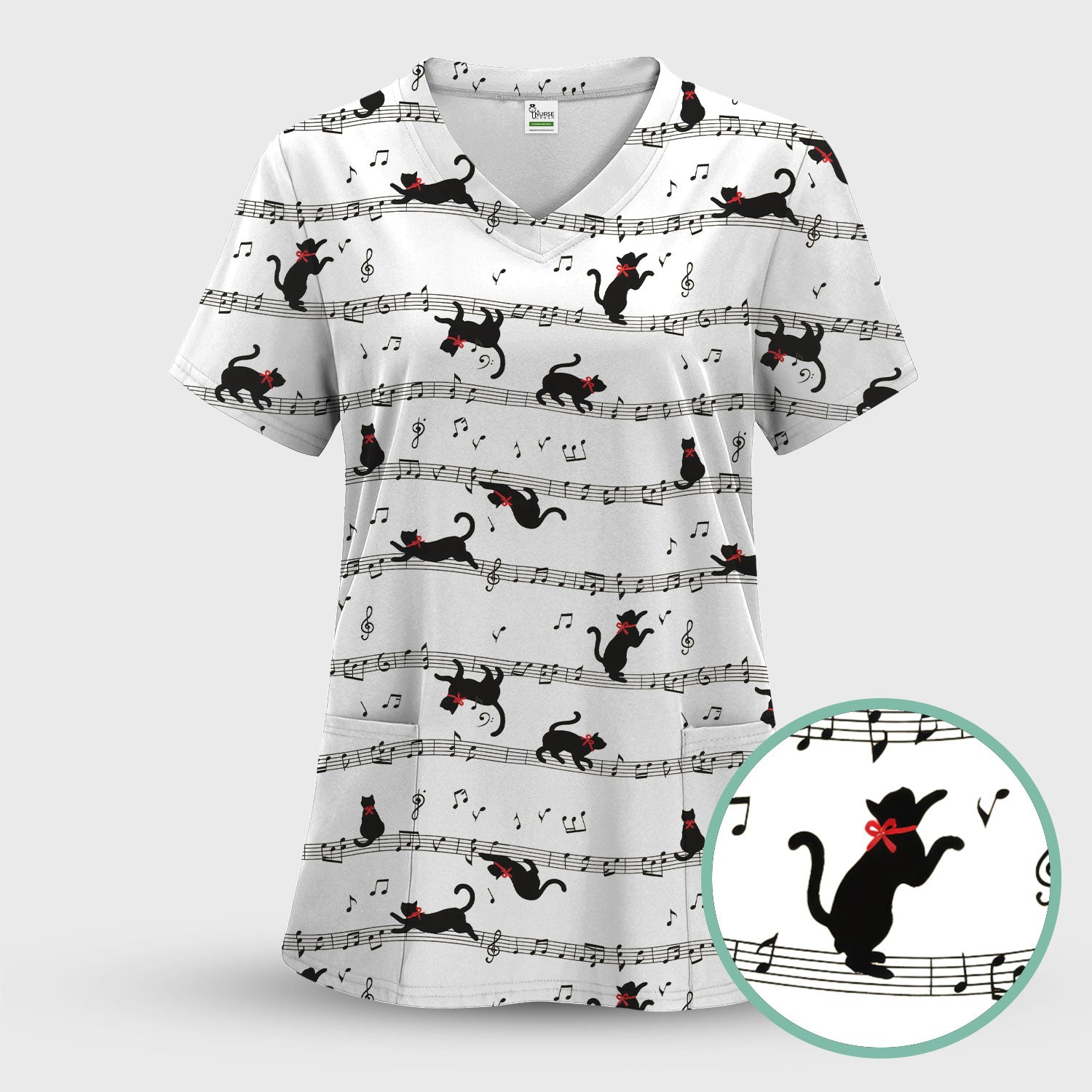 Cute Dancing Black Cat Music Staff Pattern Scrub Top, Comfortable Scrubs for Nurses