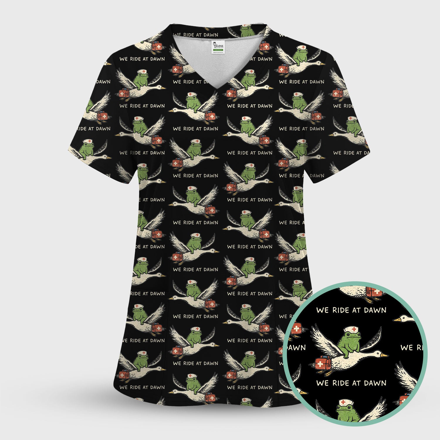 Funny Frog Riding Goose Nurse Pattern Scrub Set, Nurse Uniform Scrubs Set