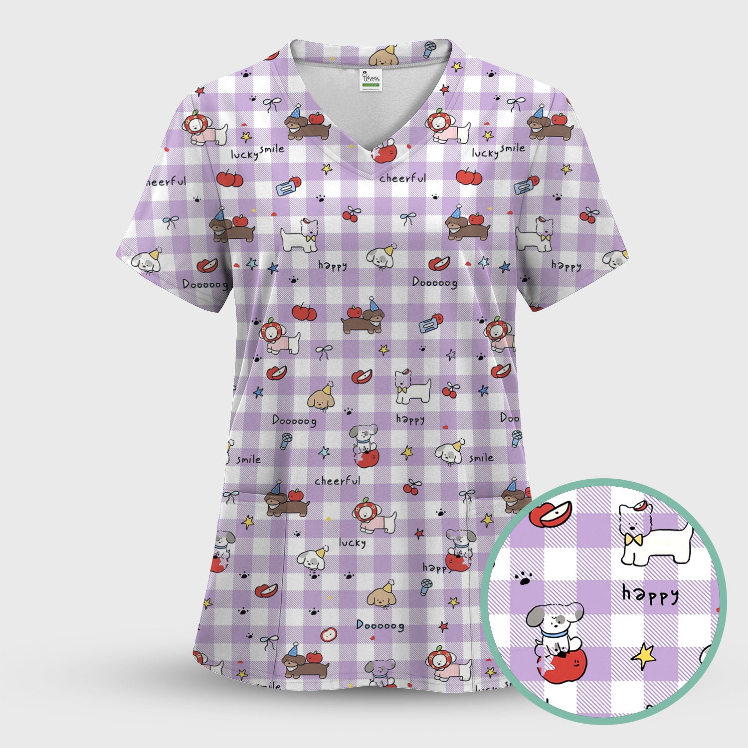 Cute Nurse Cartoon Puppy Apple Gingham Scrub Top, Breathable Fabrics Nursing Uniform