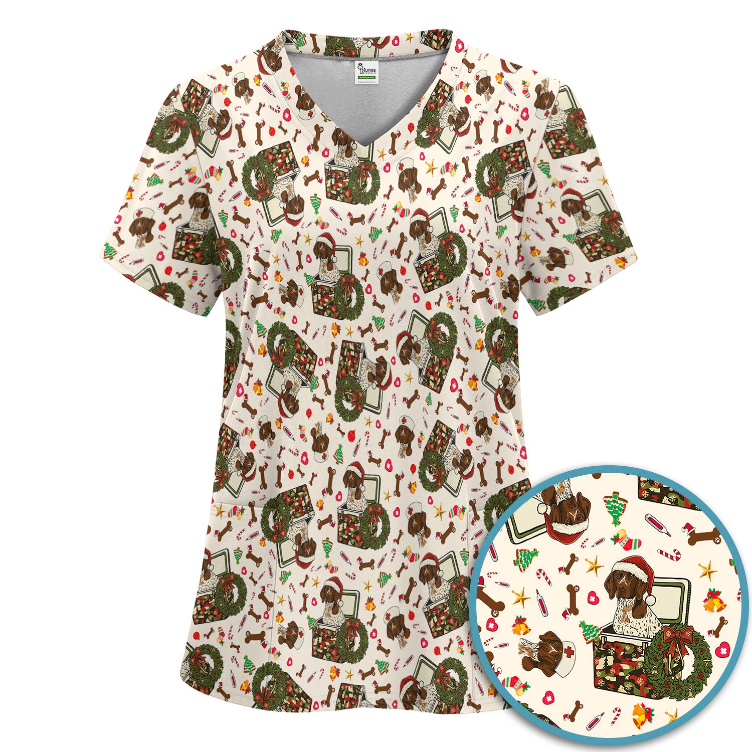 Christmas Dachshund Scrub Set - Cute Sausage Dog Nursing Pants and V Neck Top - Funny Holiday Medical Uniform