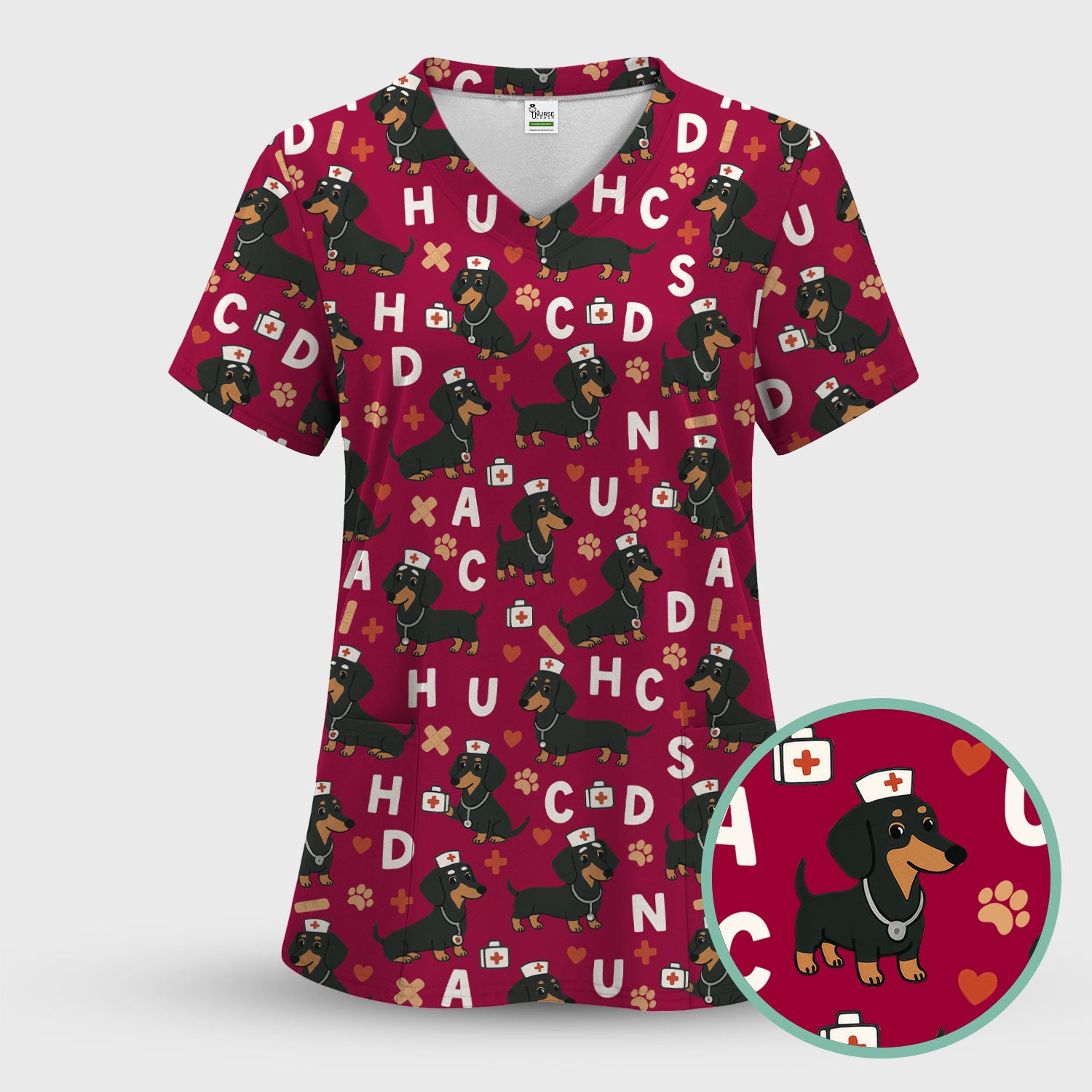 Sausage Dog Print Scrub Top - Cute Dachshund Nurse Shirt for Women - Animal Pattern Medical Scrubs Gift for Healthcare Workers