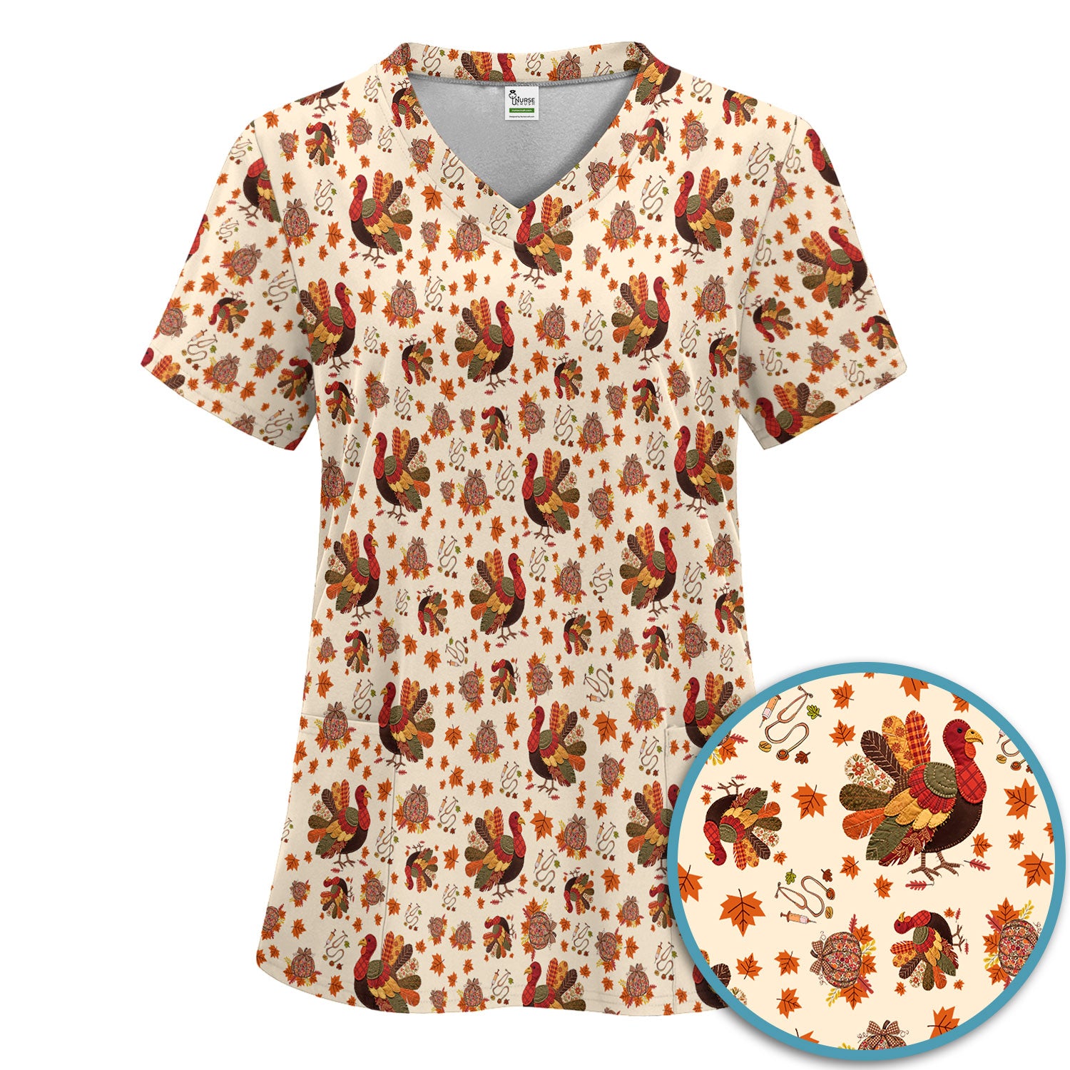 Fall Leaves Thanksgiving Women's Scrub Set - Comfortable Scrub Pants and V Neck Top - Funny Turkey Nursing Uniform