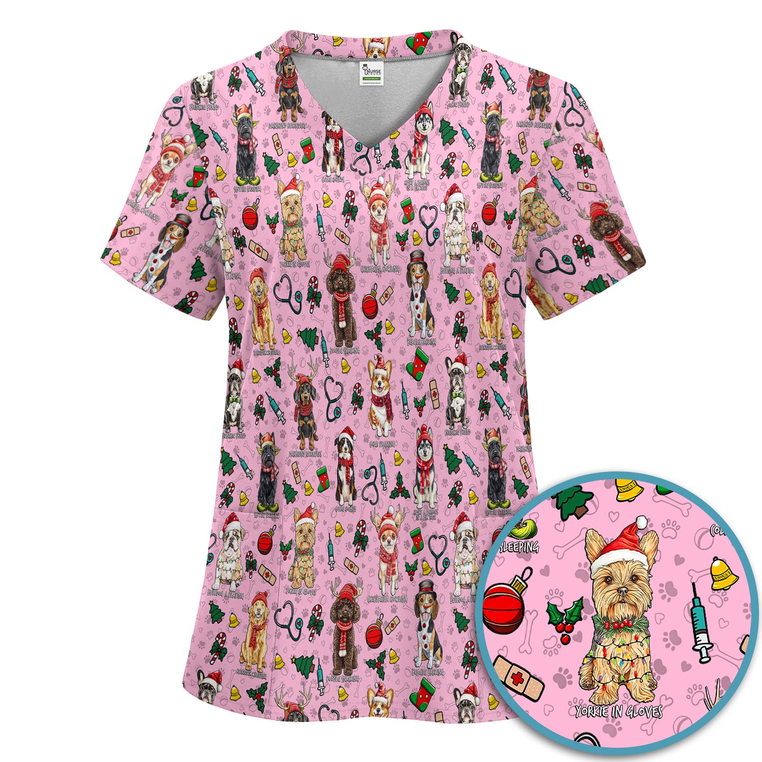 Christmas Dog Scrub Set for Nurses - Dachshund, Husky, Poodle, Corgi & Labrador Holiday Scrub Top and Pants - Funny Santa Medical Shirt
