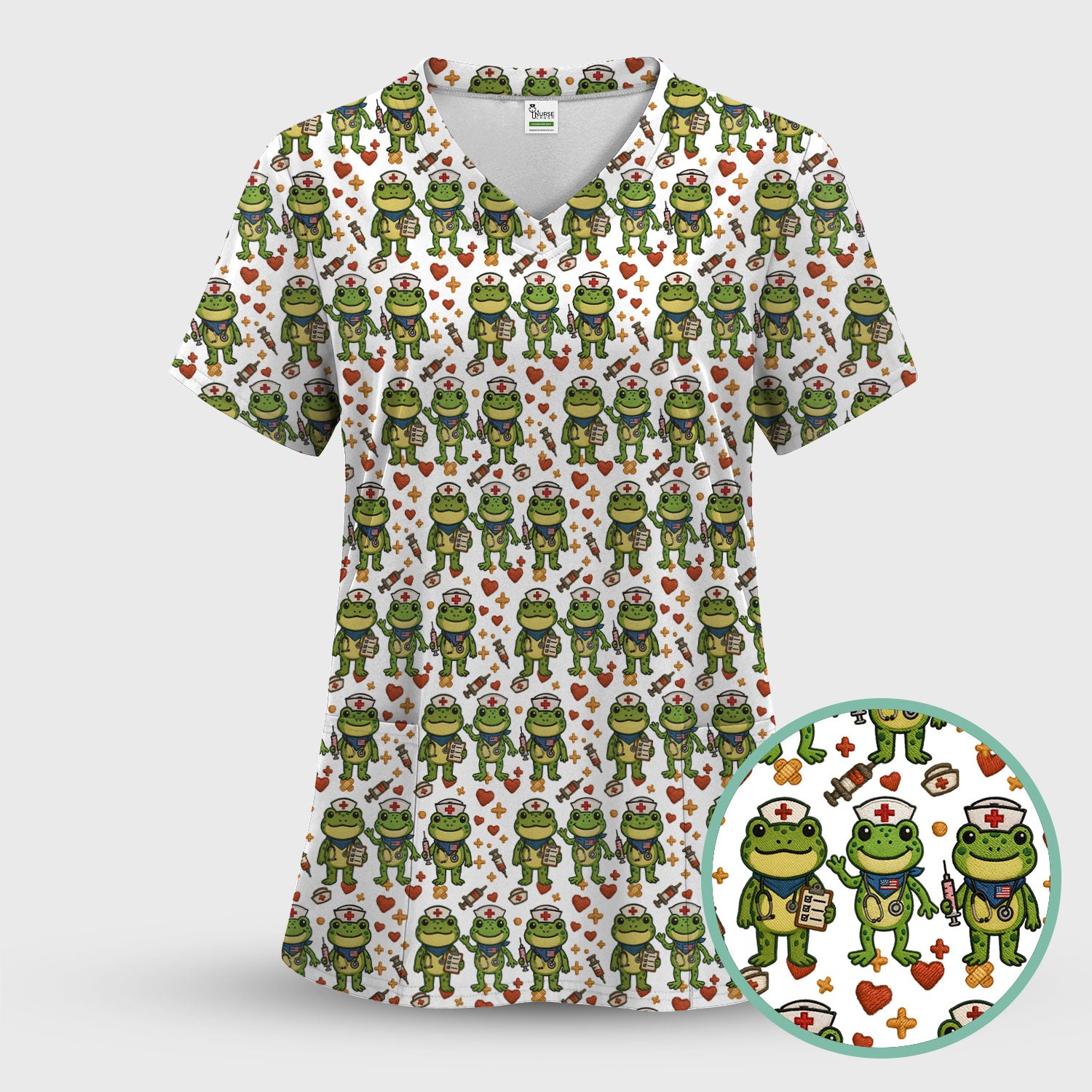 Frog Pattern Scrub Top, Cute Frog Scrub Shirt, Breathable Fabrics Nursing Uniform