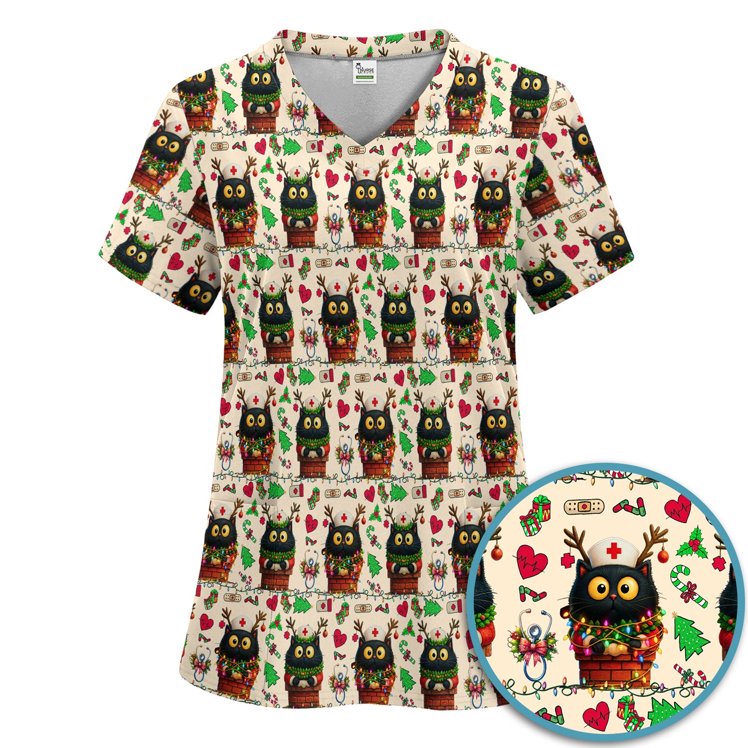 Funny Black Cat Scrub Set for Nurse - Cute Reindeer Cat with Christmas Lights - Festive Holiday Medical Uniform - Kitten Lover Gift