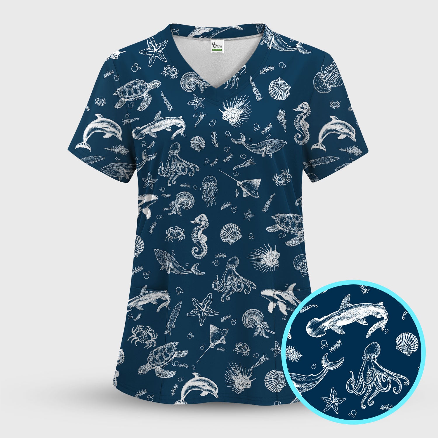 Marine Sea Life Pattern Scrub Top, Breathable Fabrics Nursing Uniform