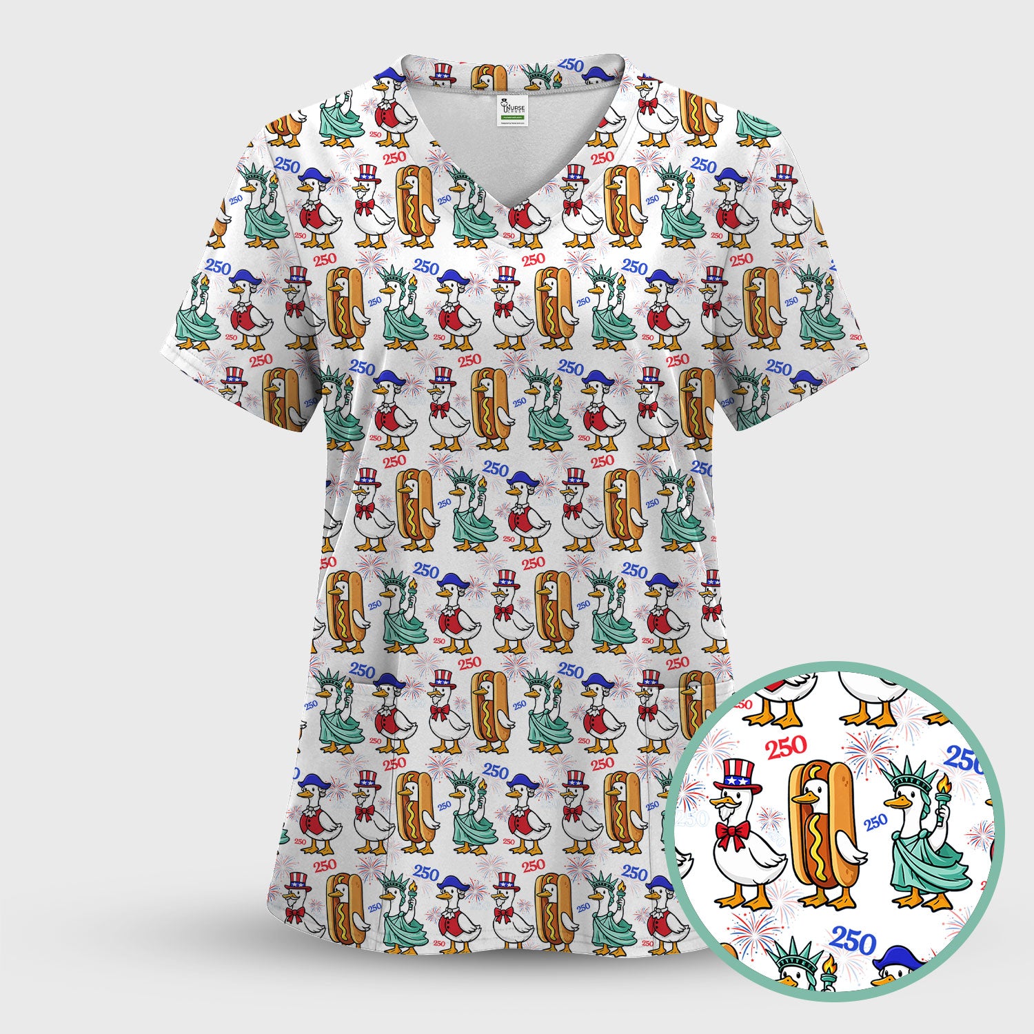 Patriotic Duck Independence Day Pattern Scrub Set, Scrub Pants and V Neck Top