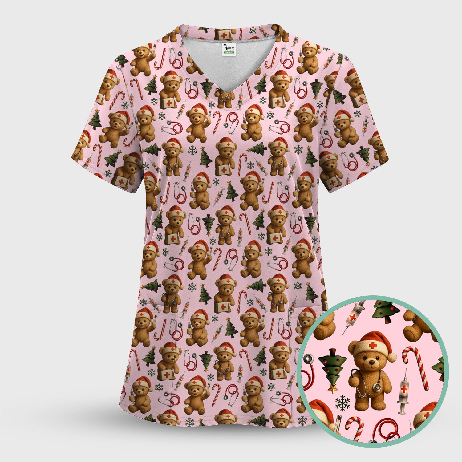 Gingerbread Bear Nurse Christmas Scrub Set - Cute Holiday Medical Pattern with Stethoscopes & Candy Canes - Festive Scrubs for Women