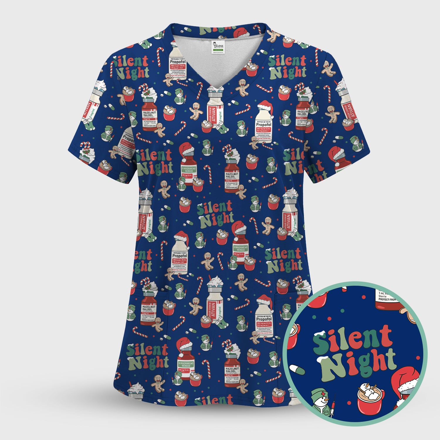 Funny Medicine Scrub Top for Nurses - Silent Night Propofol Print Christmas Scrub Tops with Candy Cane & Gingerbread - Holiday Medical Shirt Gift for RN CNA LPN