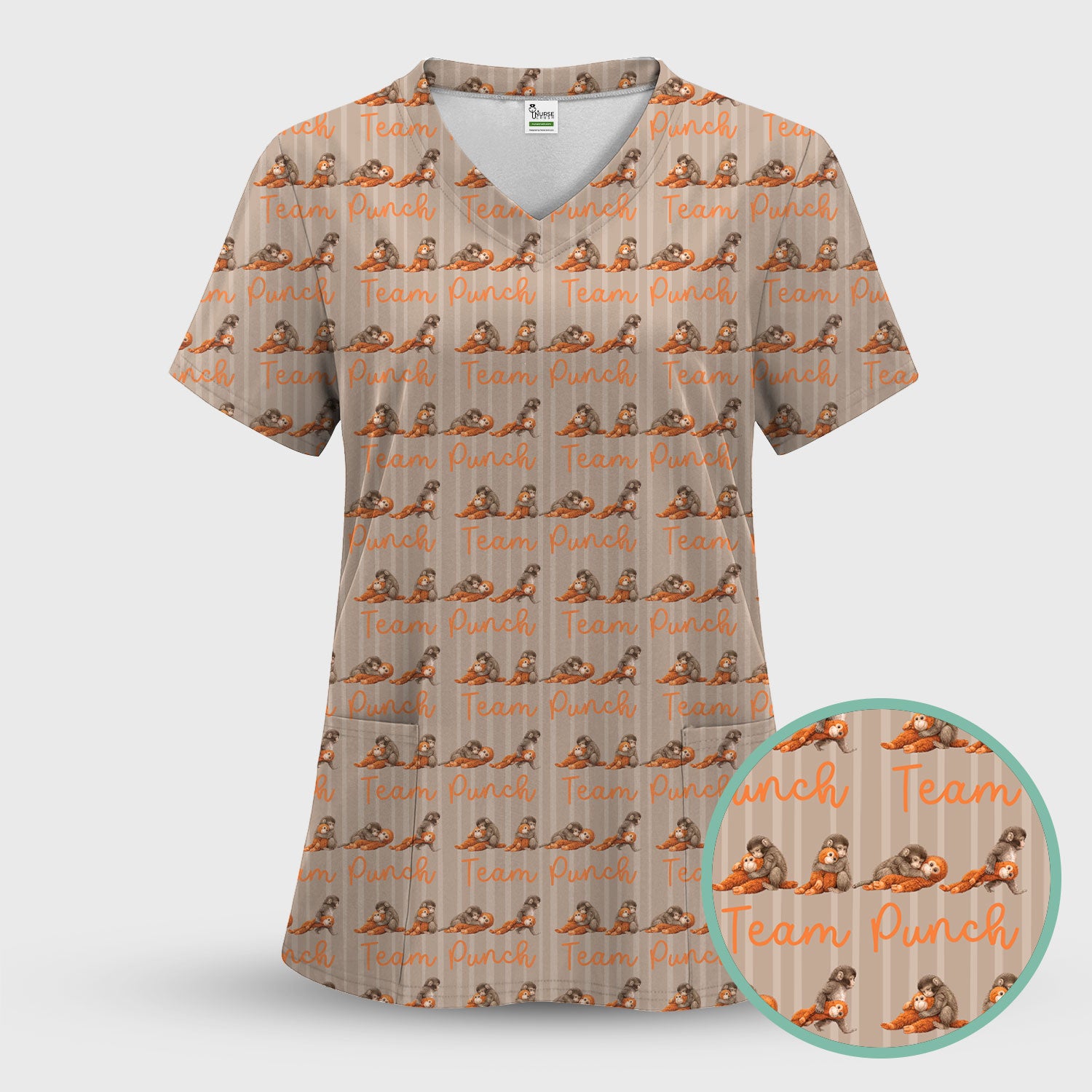 Funny Monkey Team Punch Scrub Set, Scrub Pants and V Neck Top
