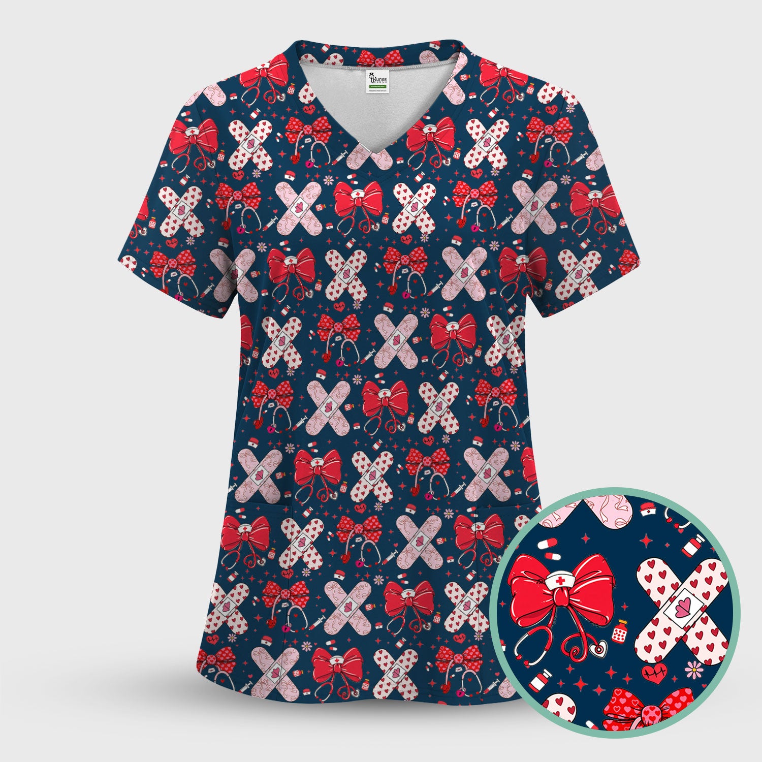 Valentine Nurse Scrub Top, Red Bow And Heart Bandage Pattern Medical Shirt, Breathable Fabrics Nursing Uniform