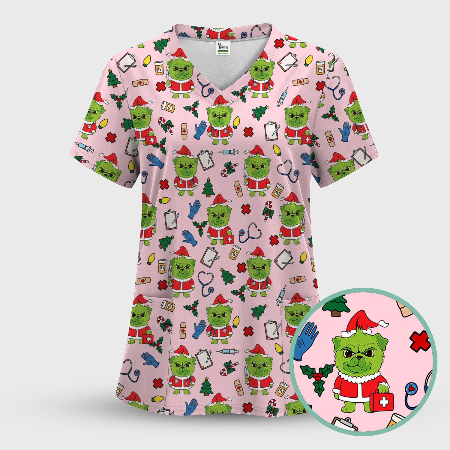 Funny Christmas Scrub Top for Nurses - Grumpy Dog and Medical Tools Pattern - Holiday Nurse Scrubs for Women