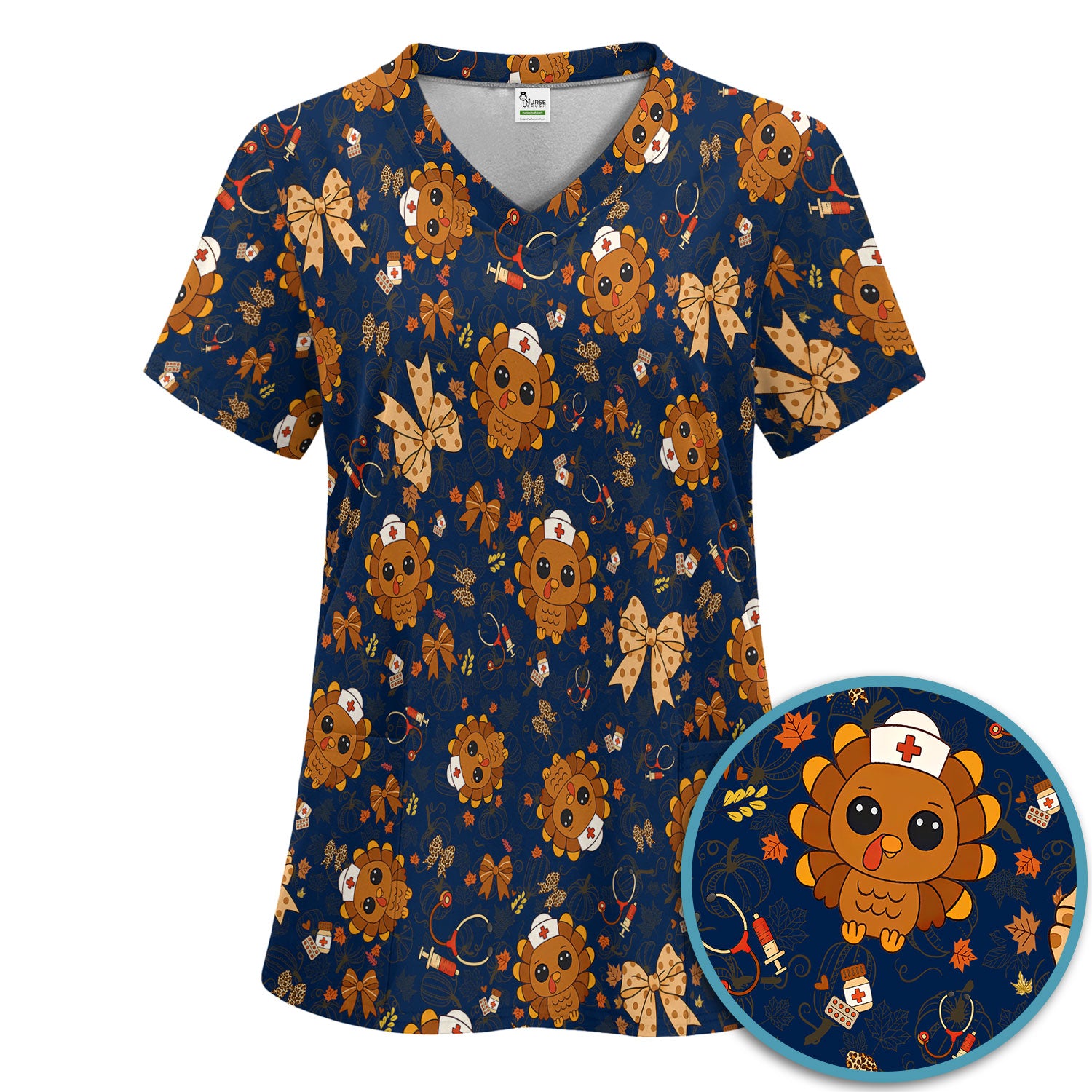 Thanksgiving Turkey Nurse Scrub Set for Women - Cute Fall Leaves and Bow Scrub Pants and V Neck Top - Autumn Medical Uniform