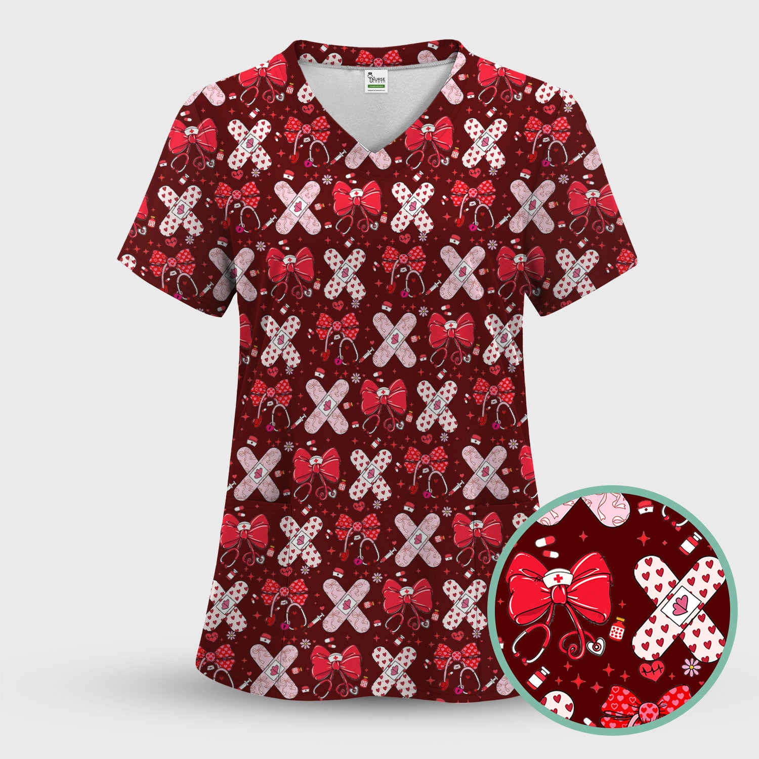Valentine Nurse Scrub Top, Red Bow And Heart Bandage Pattern Medical Shirt, Breathable Fabrics Nursing Uniform