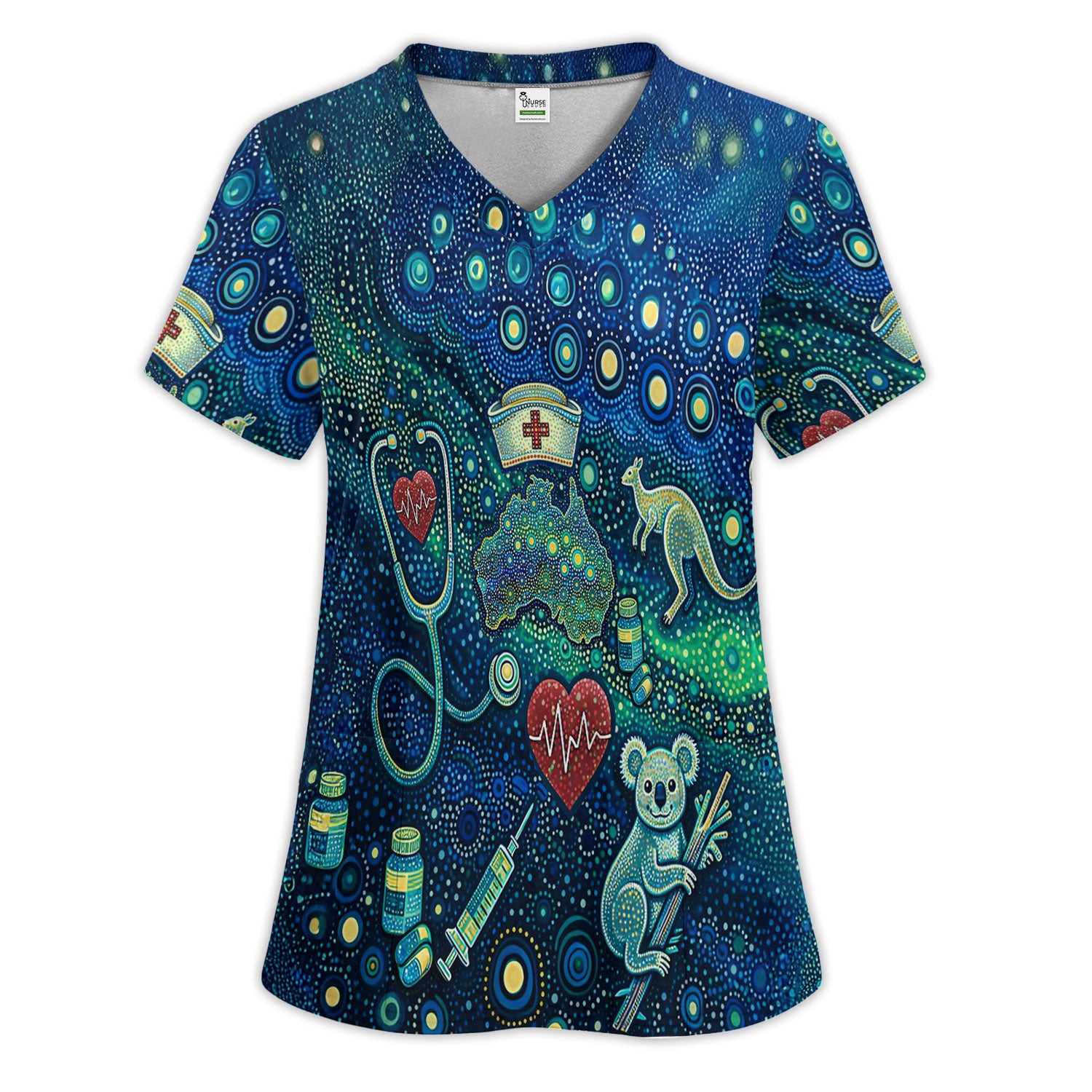 Aboriginal Nurse Australia Scrub Set, Kangaroo Koala Dot Art Medical Pattern Shirt, Breathable Fabrics Nursing Uniform
