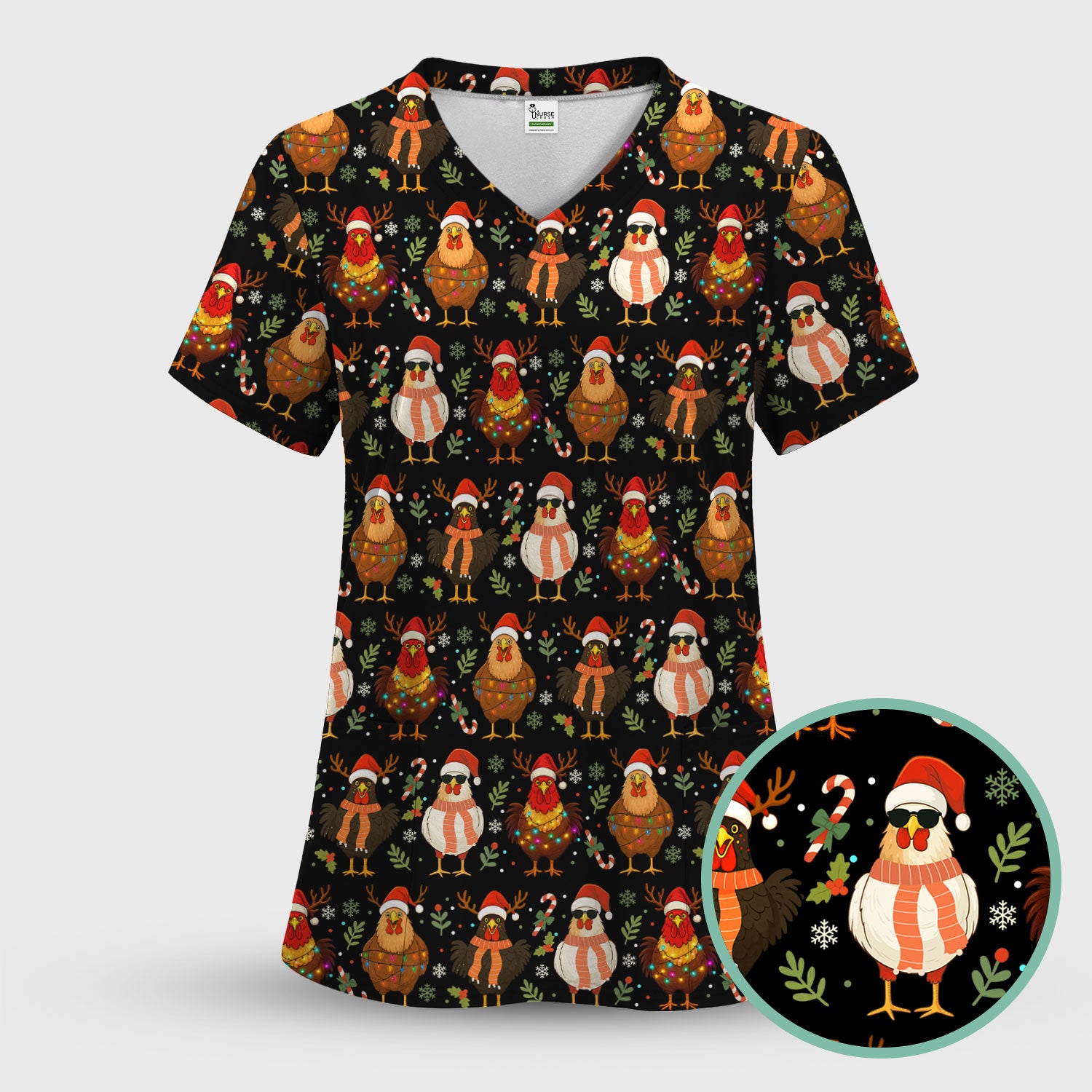 Christmas Chicken Scrub Tops for Women - Funny Holiday Hen Pattern Medical Scrub Shirt - Christmas Scrubs with Cute Chicken Design